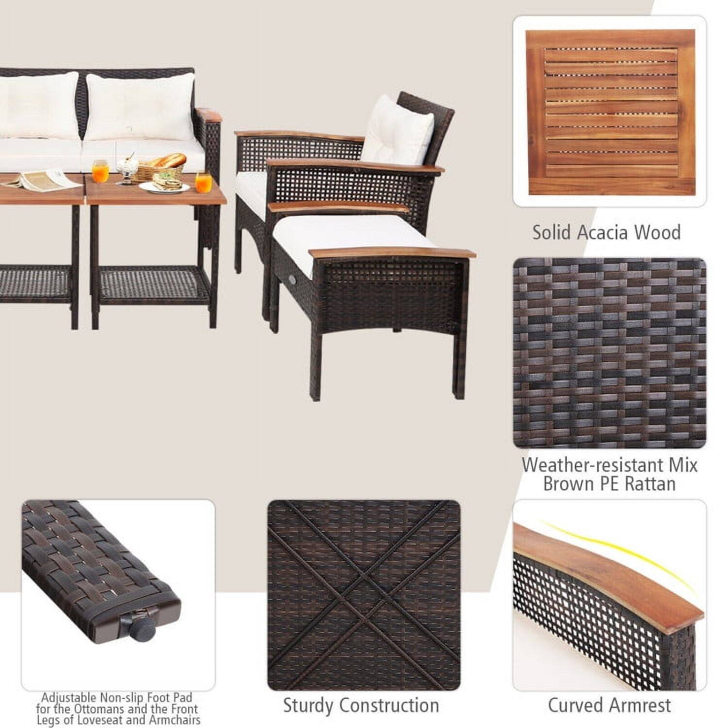 Solid Acacia Wood  
Weather-resistant Mix Brown PE Rattan  
Adjustable Non-slip Foot Pad for the Ottomans and the Front Legs of Loveseat and Armchairs  
Sturdy Construction  
Curved Armrest
