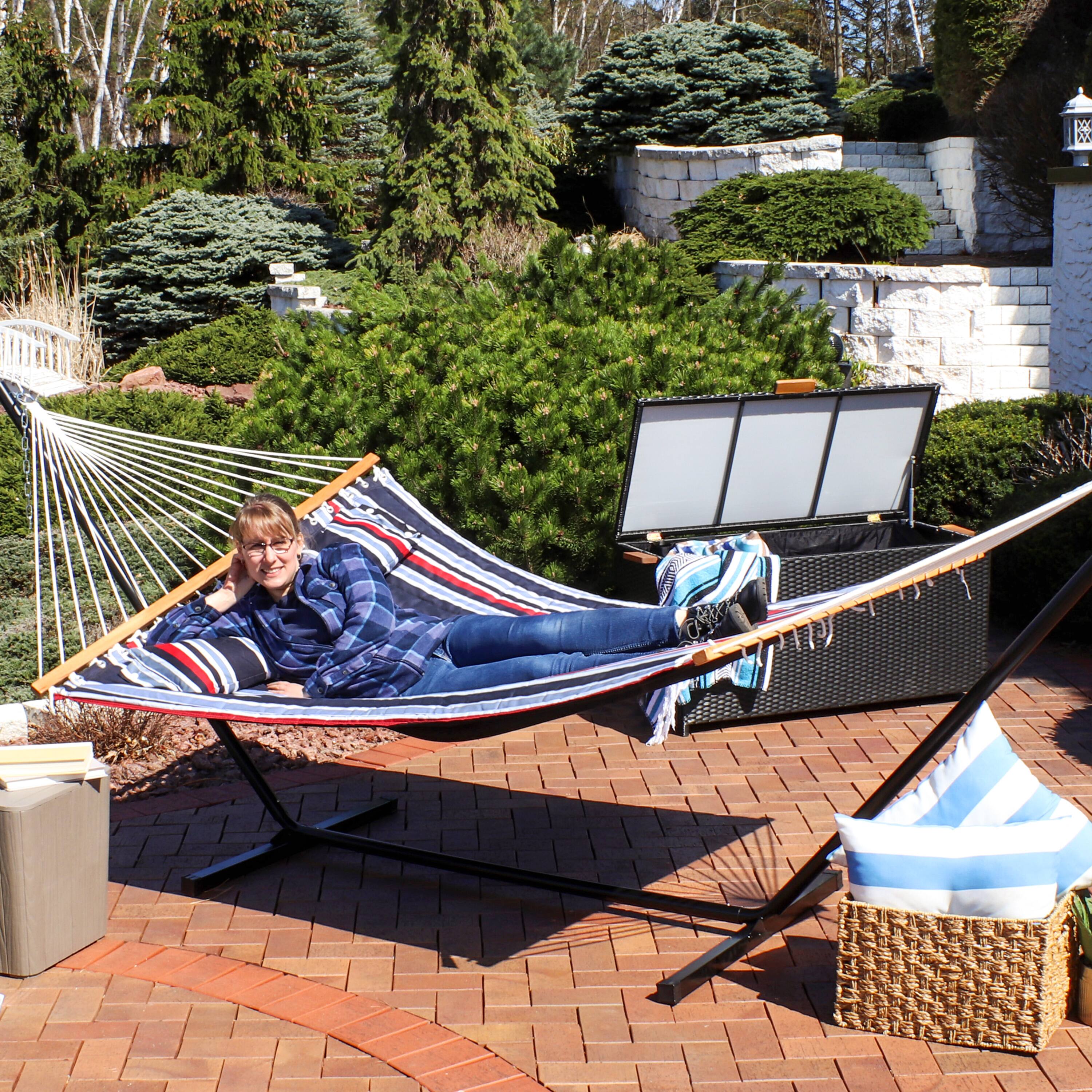 Alt View 9. Sunnydaze - Large Quilted Fabric Hammock with Spreader Bars - Nautical Stripe.