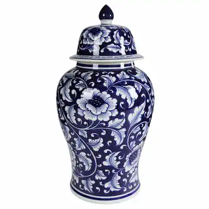 Front. Manhattan Lane - Kipp Bold Floral Impressive Jar with Lid - Blue & White.