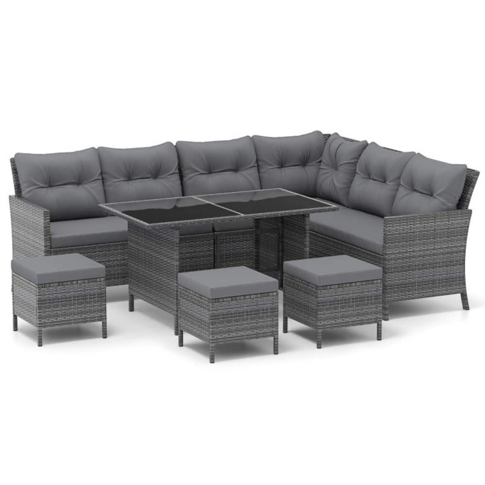 Mondawe - 7 Pieces Patio Dining Furniture Set with Soft Cushions and Ottomans - Gray