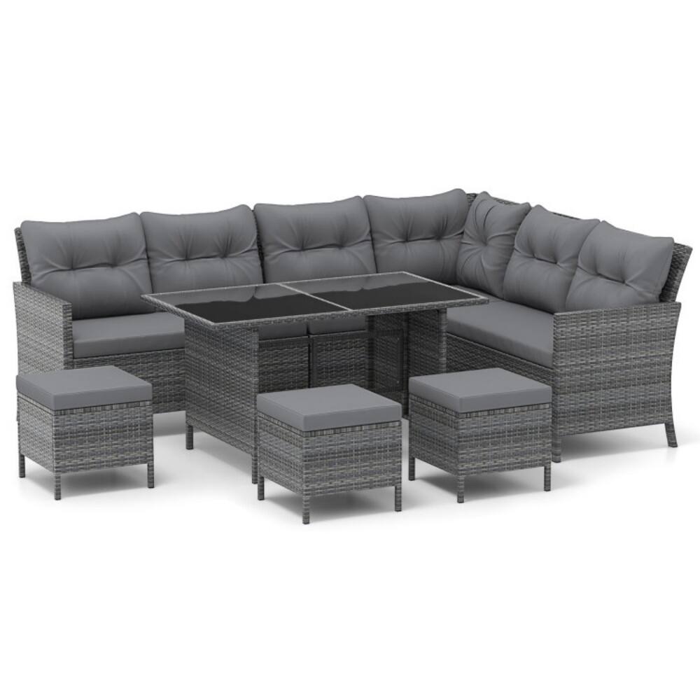 Front. Mondawe - 7 Pieces Patio Dining Furniture Set with Soft Cushions and Ottomans - Grey.
