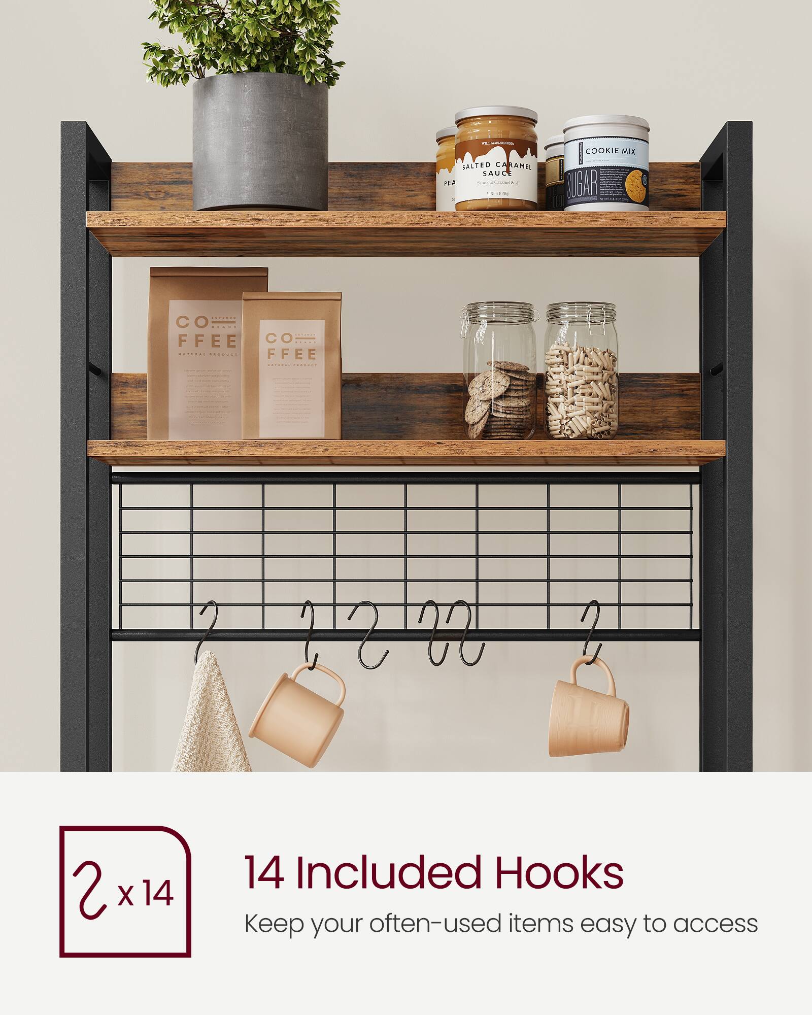 - SALTED CARAMEL SAUCE
- COOKIE MIX
- SUGAR
- COFFEE
- COFFEE
- 2 x 14
- 14 Included Hooks
- Keep your often-used items easy to access