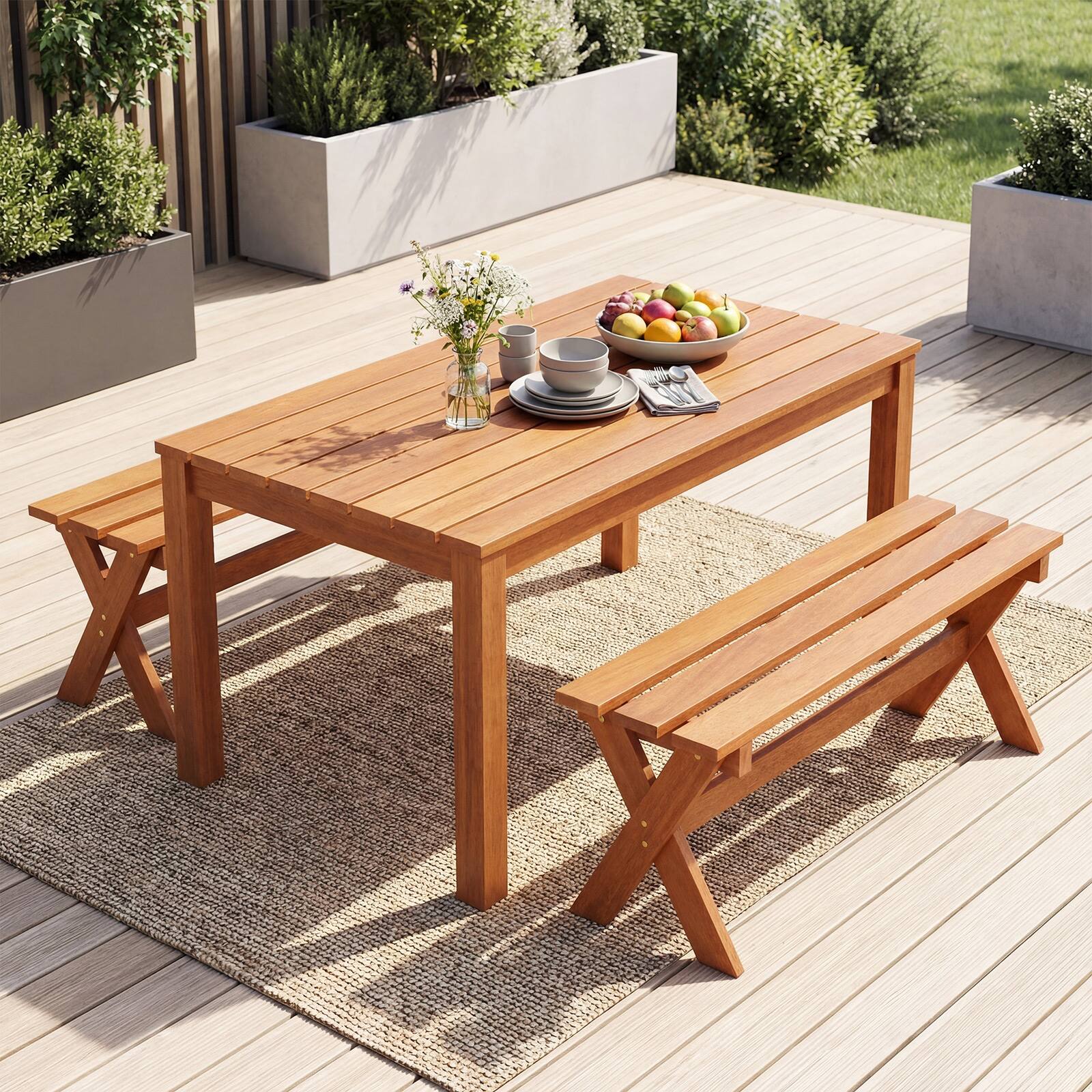 Alt View 4. Gymax - Gymax 36'' Outdoor Solid Wood Bench Set of 2 w/Teak Oil Finish & Slatted Seat for Porch - Brown.