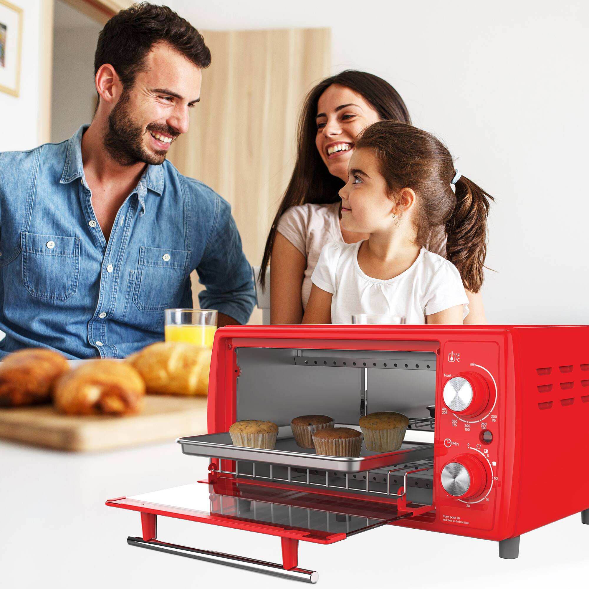 Angle. Aiwa - 800W 4-Slice Red 10L Toaster Oven with Baking Tray & 30-Minute Timer - Red.