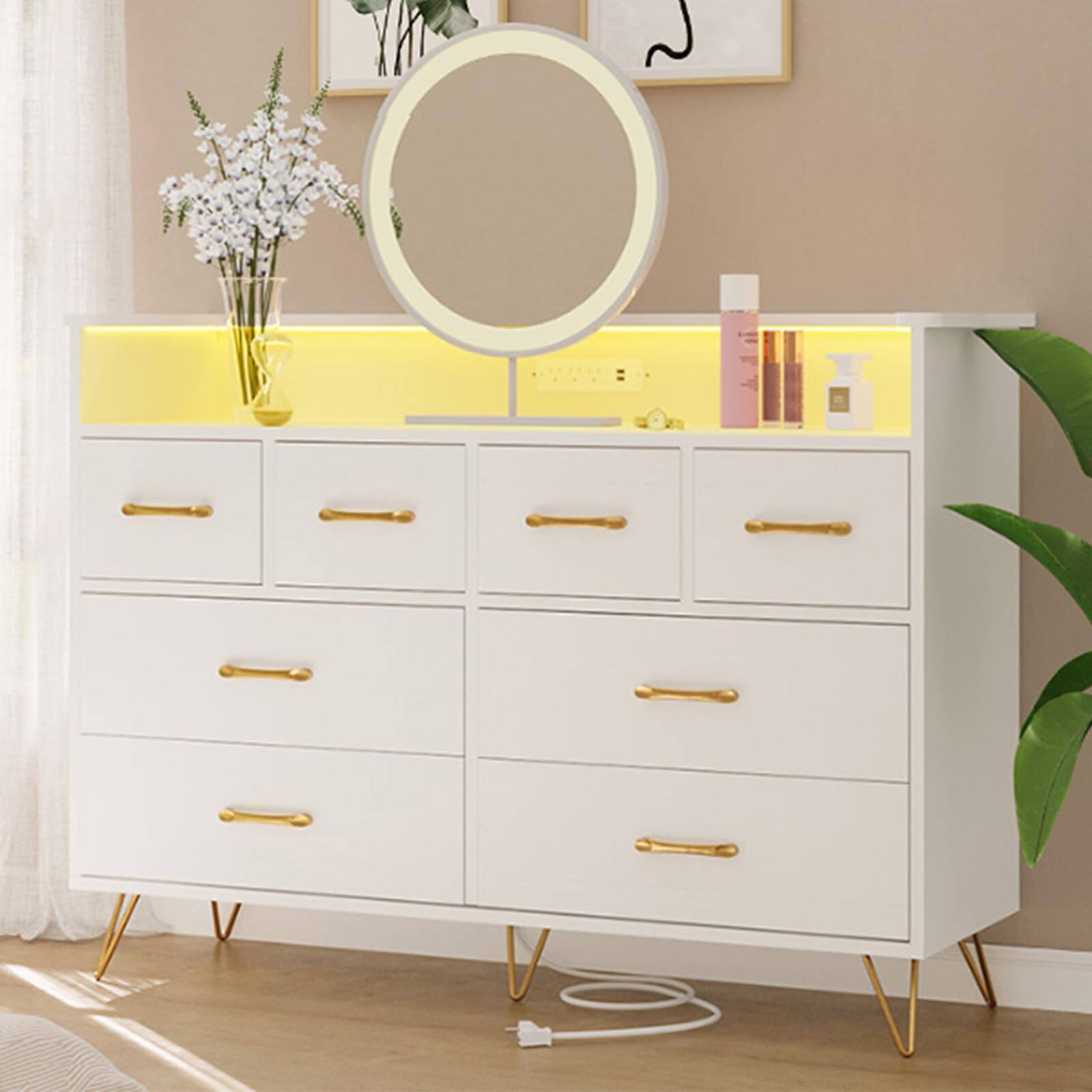 Front. Babevy - 8-Drawer LED Dresser with Charging Station & Adjustable RGB Lights – Modern Storage Solution - White.