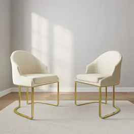 POVISON - Modern Luxury Upholstered Beige Dining Chairs Set of 2, Boucle Dining Chairs, Low Back Dining Chairs with Gold Legs - Green PU Leather