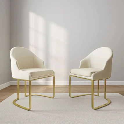 Front. POVISON - Modern Luxury Upholstered Beige Dining Chairs Set of 2, Boucle Dining Chairs, Low Back Dining Chairs with Gold Legs - Green PU Leather.