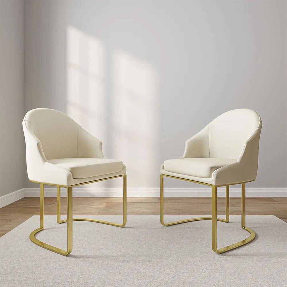 Front. POVISON - Modern Luxury Upholstered Beige Dining Chairs Set of 2, Boucle Dining Chairs, Low Back Dining Chairs with Gold Legs - Green PU Leather.
