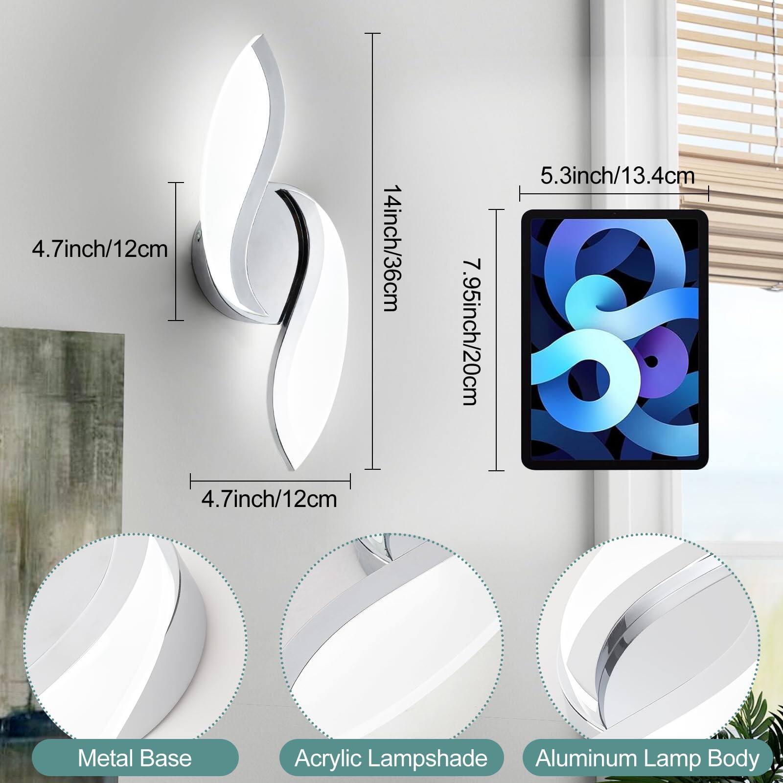4.7 inch/12 cm  
14 inch/36 cm  
5.3 inch/13.4 cm  
7.95 inch/20 cm  

Metal Base  
Acrylic Lampshade  
Aluminum Lamp Body