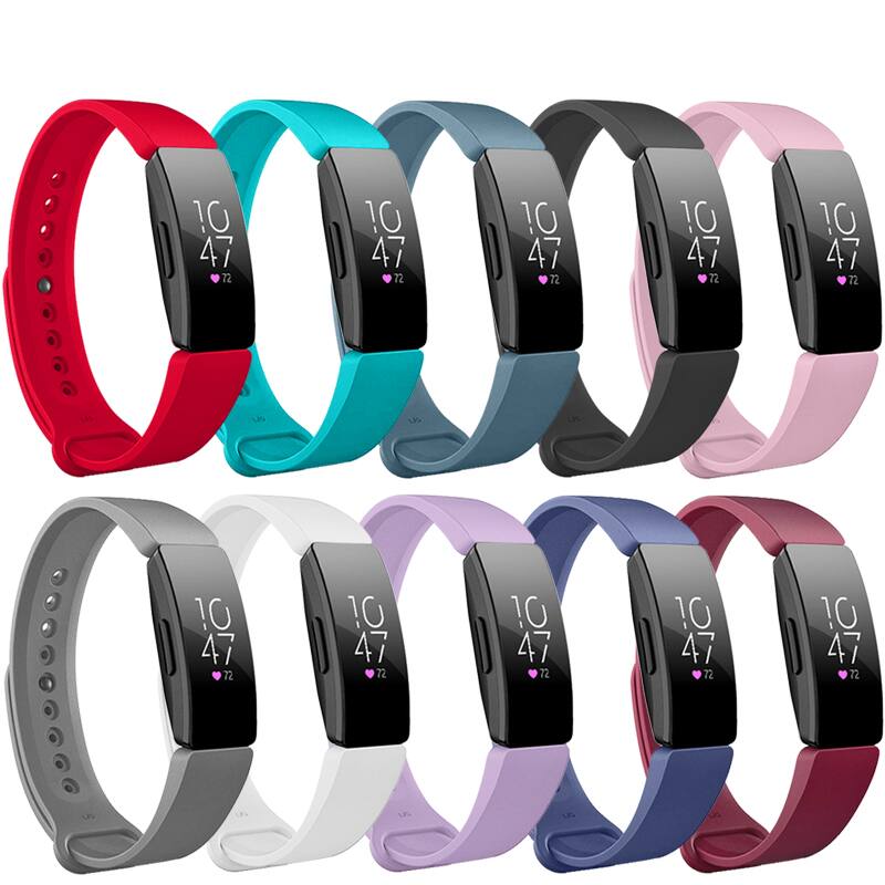 Left. StrapsCo - Rubber Pin-and-Tuck Strap Silicone Watch Band For Fitbit Inspire & Inspire HR (Medium-Long) - Sangria Purple.