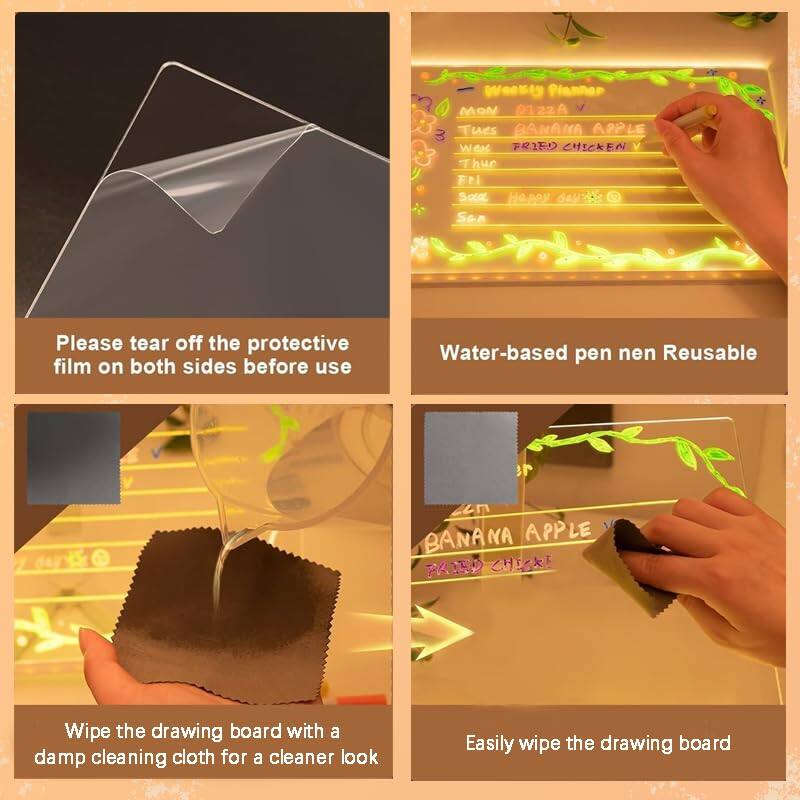 Sure, here is the corrected and grouped text from the image:

---

**Weekly Planner**

- **Mon:** Pizza 🍕
- **Tues:** Banana Apple 🍌🍎
- **Wed:** Fried Chicken 🍗
- **Thu:** 
- **Fri:** 
- **Sat:** 
- **Sun:** Happy day 🌞

---

**Instructions:**

- Please tear off the protective film on both sides before use.
- Water-based pen nen Reusable.
- Wipe the drawing board with a damp cleaning cloth for a cleaner look.
- Easily wipe the drawing board.

---