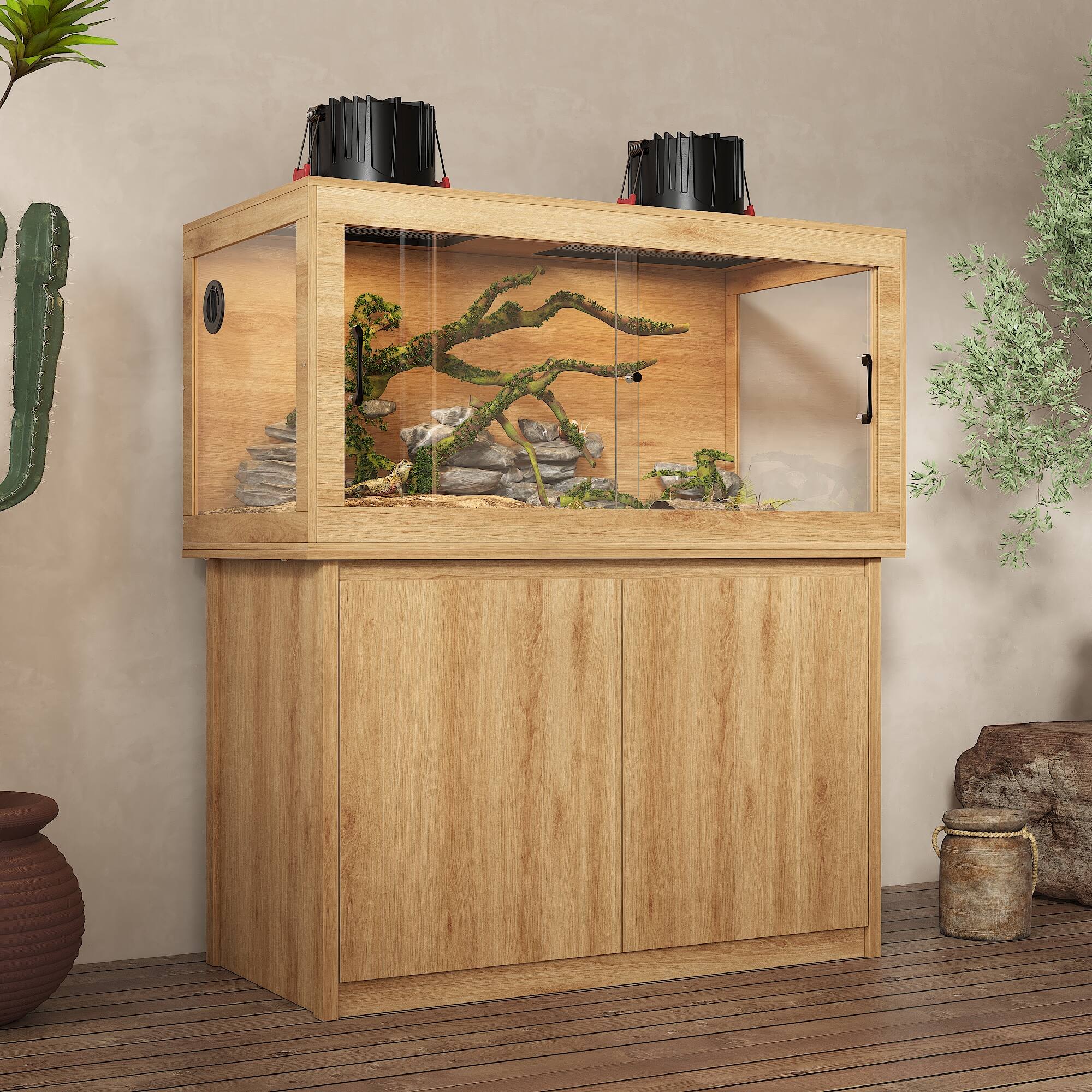 Left. Famapy - Reptile Enclosure Cabinet with Storage – Glass Terrarium Habitat for Lizards, Geckos, Turtles, Snakes & More.