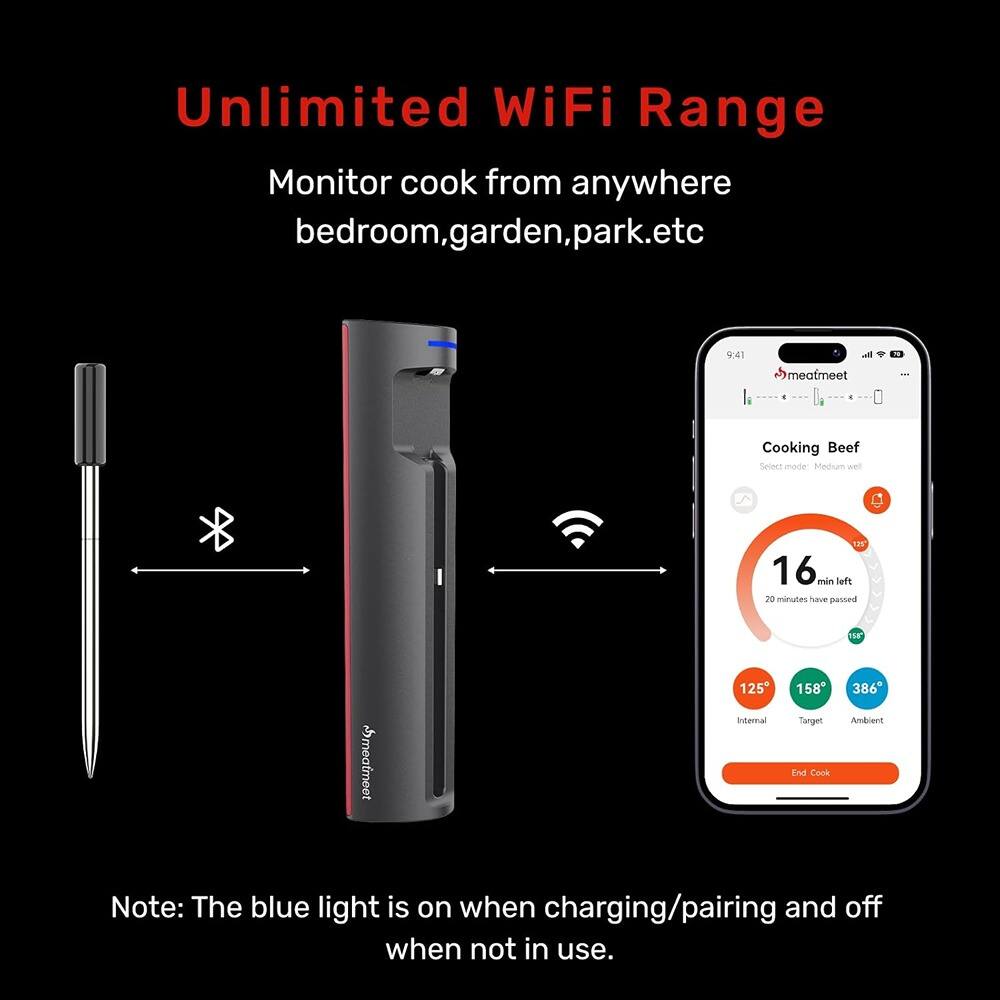Unlimited WiFi Range  
Monitor cook from anywhere bedroom, garden, park, etc  

Cooking Beef  
Select mode: Medium well  
16 min left  
20 minutes have passed  

125° Internal  
158° Target  
386° Ambient  

End Cook  

Note: The blue light is on when charging/pairing and off when not in use.