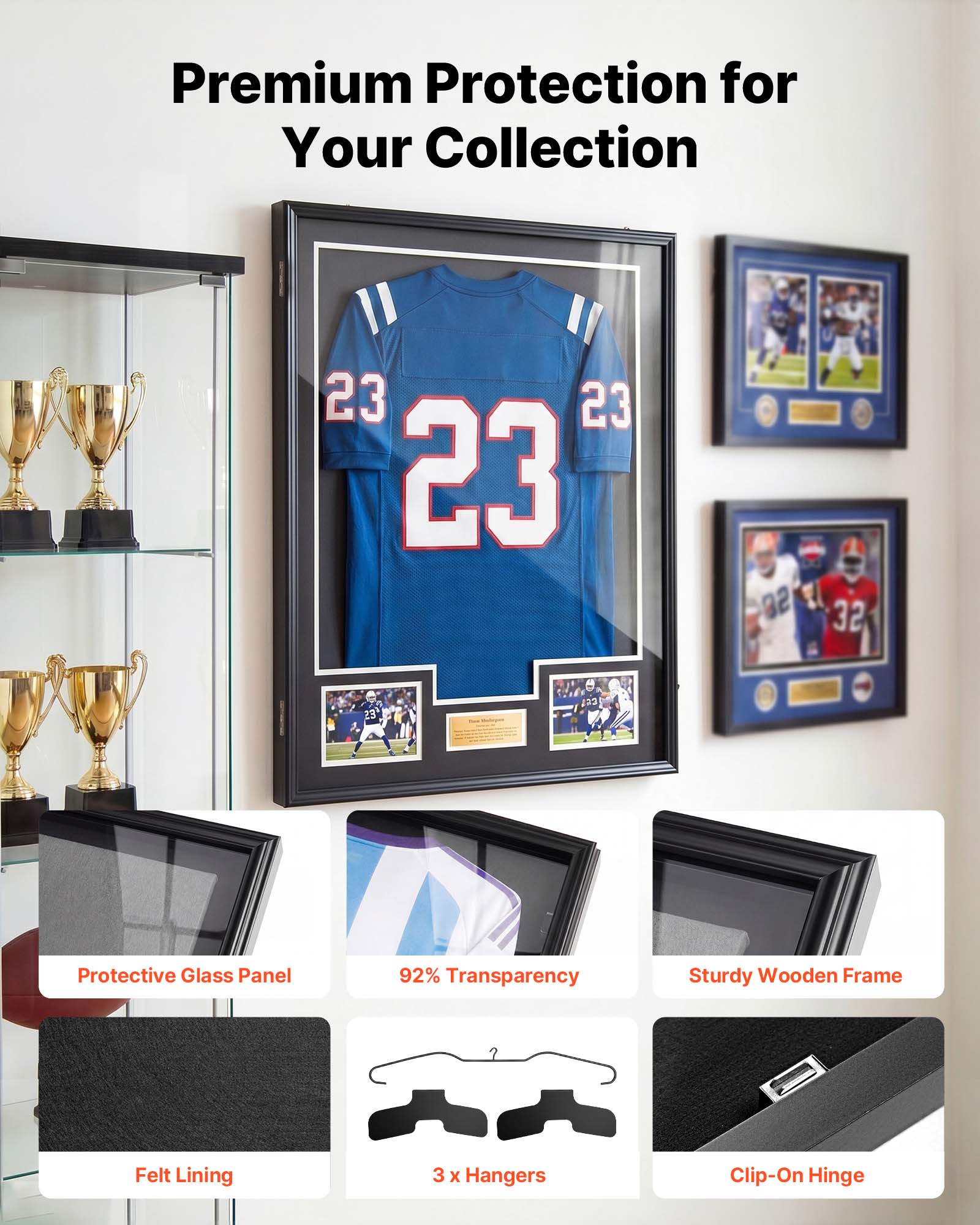 Premium Protection for Your Collection

- Protective Glass Panel
- 92% Transparency
- Sturdy Wooden Frame
- Felt Lining
- 3 x Hangers
- Clip-On Hinge