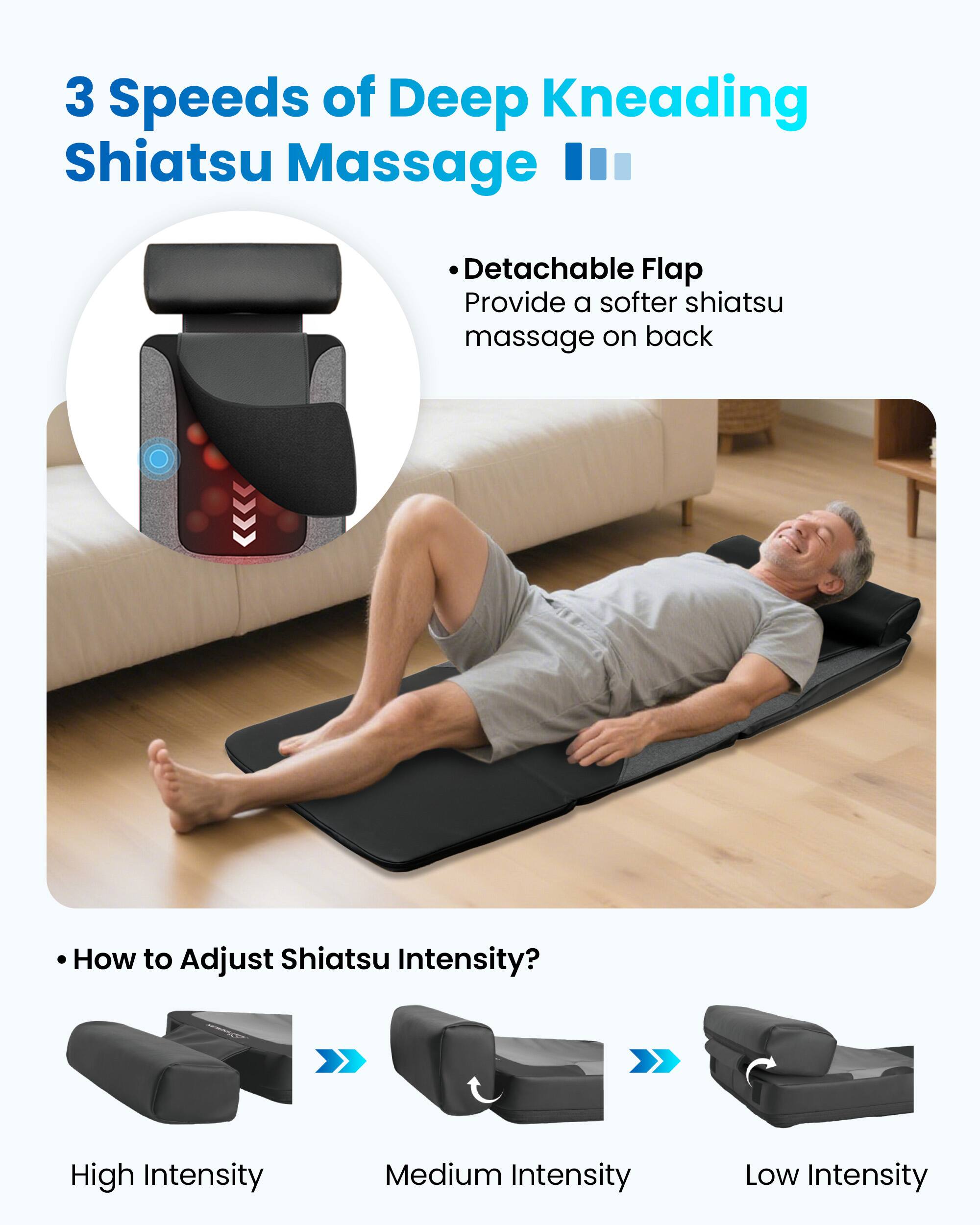 3 Speeds of Deep Kneading Shiatsu Massage

- Detachable Flap Provide a softer shiatsu massage on back

How to Adjust Shiatsu Intensity?

- High Intensity
- Medium Intensity
- Low Intensity