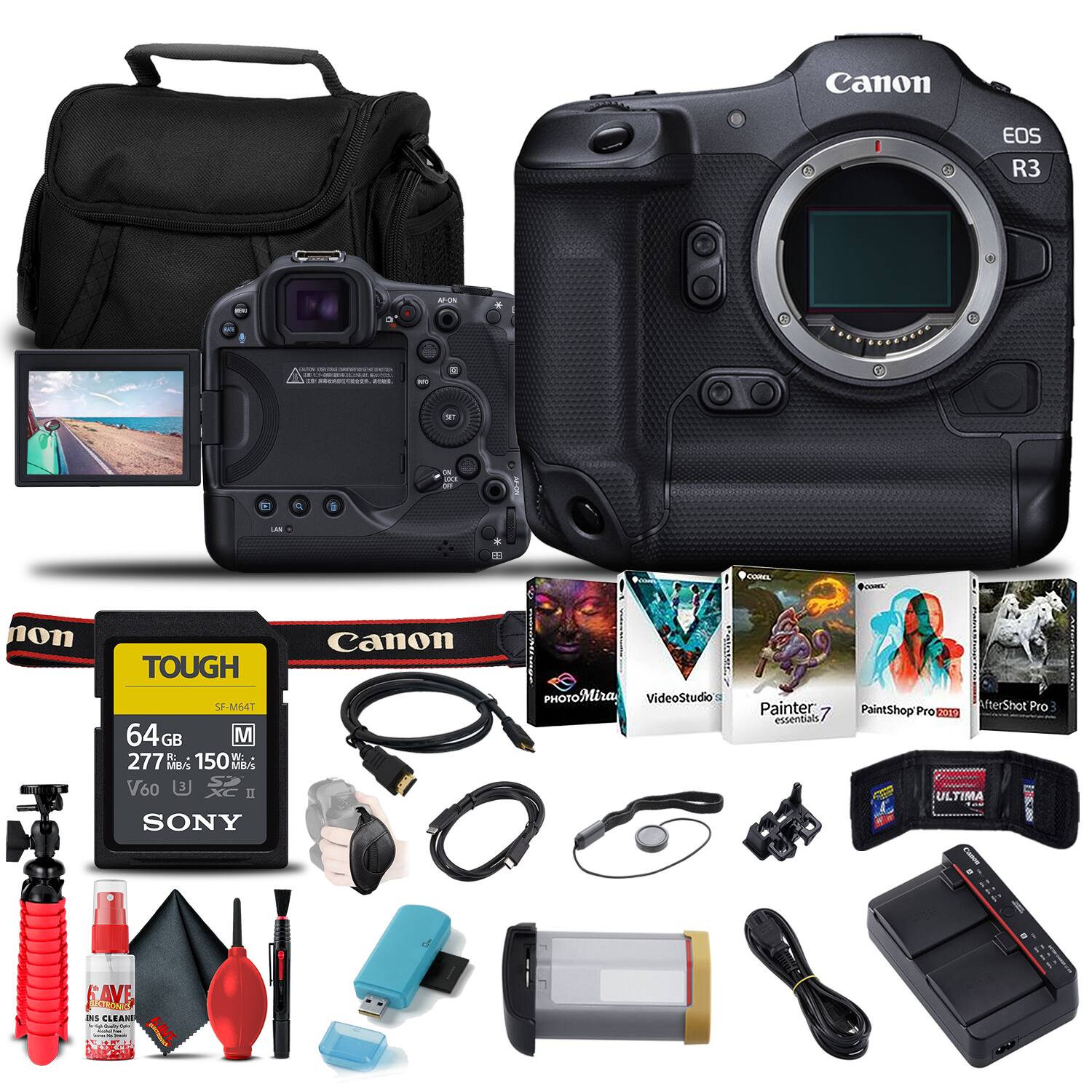 Canon EOS R3  
- Canon ST-A1000  
- Canon SF-MG1T  
- 64GB SONY TOUGH SF-MG1T  
- 277 MB/s  
- 150 MB/s  
- V60  
- VideoStudio  
- Painter essentials 7  
- PaintShop Pro  
- AfterShot Pro  
- PhotoMirai  
- ULTIMA  
- SAVE INS CLEANER