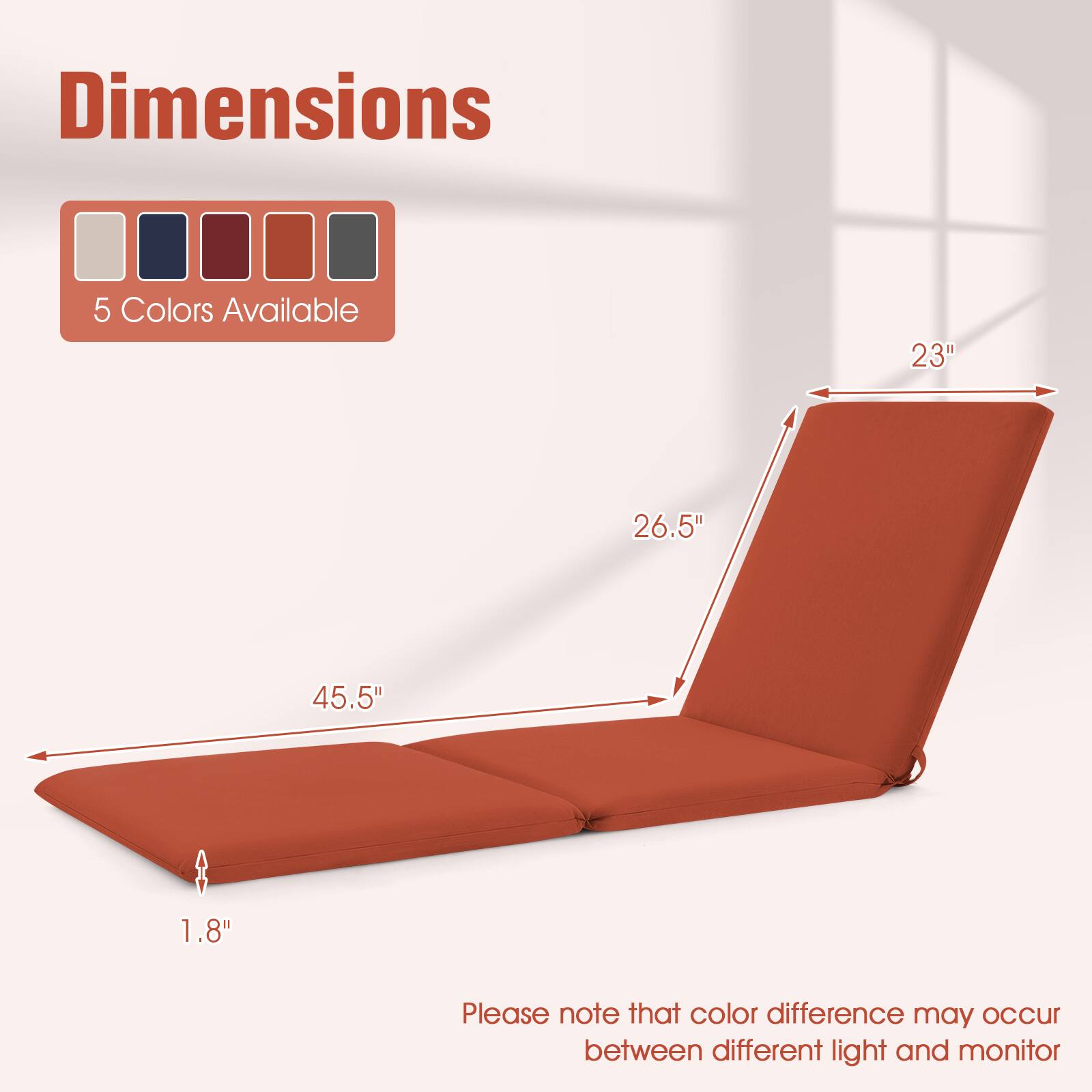 Dimensions  
5 Colors Available  
23" 26.5" 45.5" 1.8"  

Please note that color difference may occur between different light and monitor
