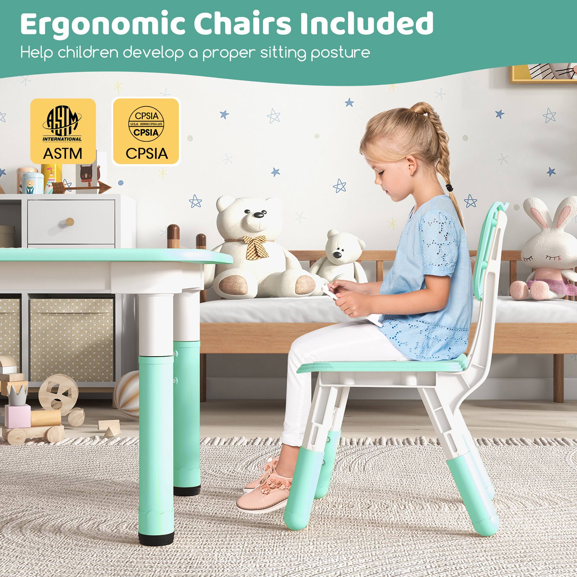 Ergonomic Chairs Included  
Help children develop a proper sitting posture  

ASTM International  
CPSIA  
CPSIA