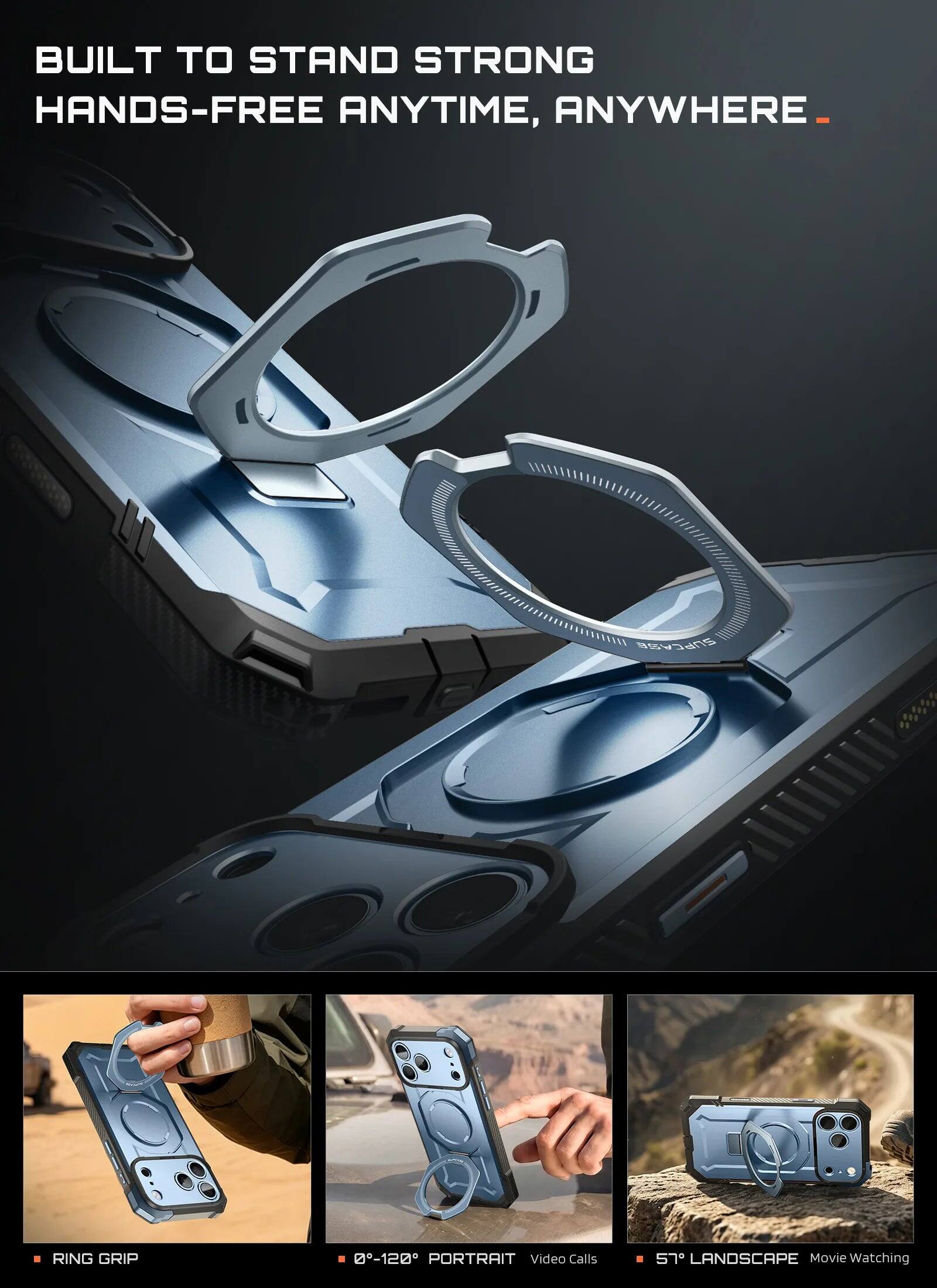 BUILT TO STAND STRONG HANDS-FREE ANYTIME, ANYWHERE

SUPCASE
RING GRIP

0°-120° PORTRAIT Video Calls
57° LANDSCAPE Movie Watching