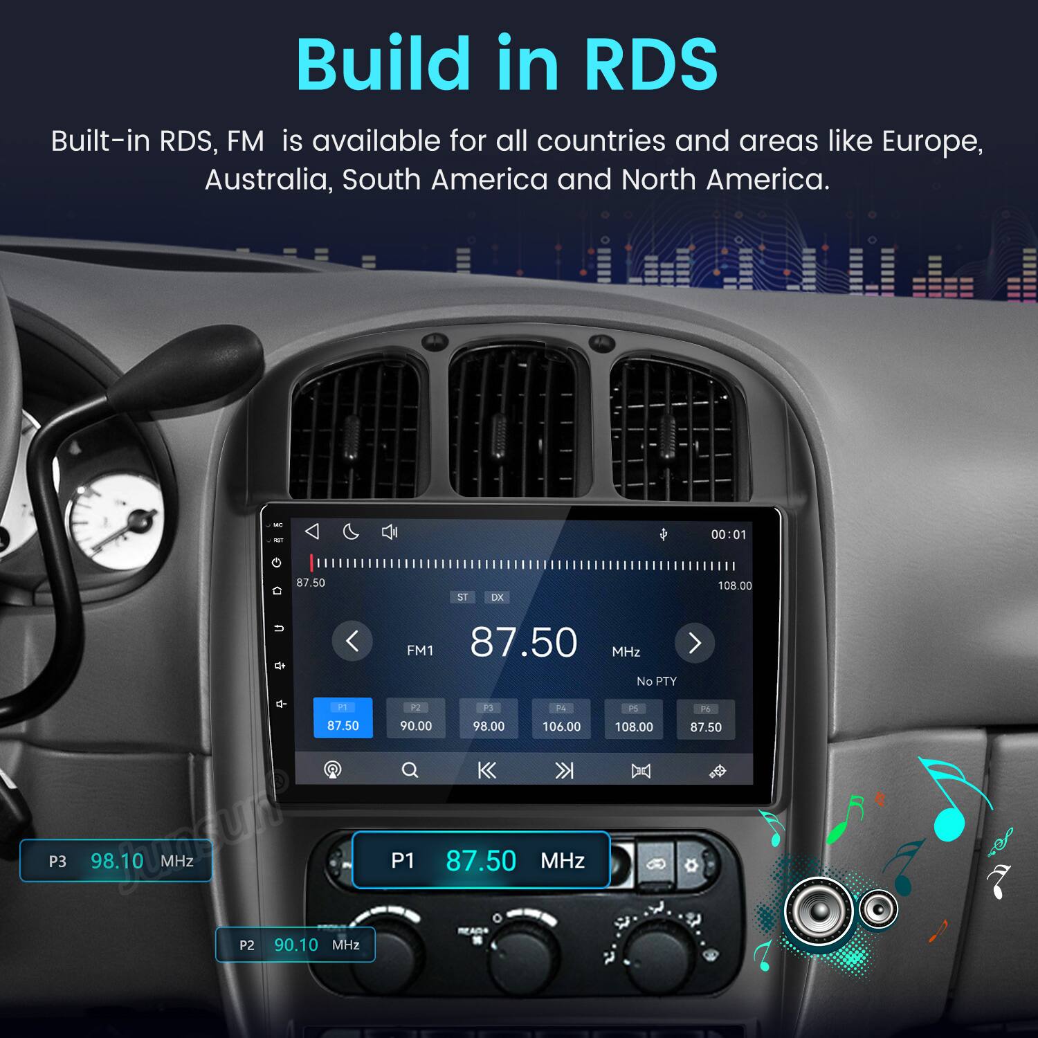 Build in RDS  
Built-in RDS, FM is available for all countries and areas like Europe, Australia, South America and North America.  

MC - G 87.50 O  
ST  
DX  
00:01 108.00  
U FM1 87.50 MHz No PTY P1 P2 P3 P4 PS P6 87.50 90.00 98.00 106.00 108.00 87.50 No P3 10 98.10 MHz P1 87.50 MEADO MHz P2 90.10 MHz