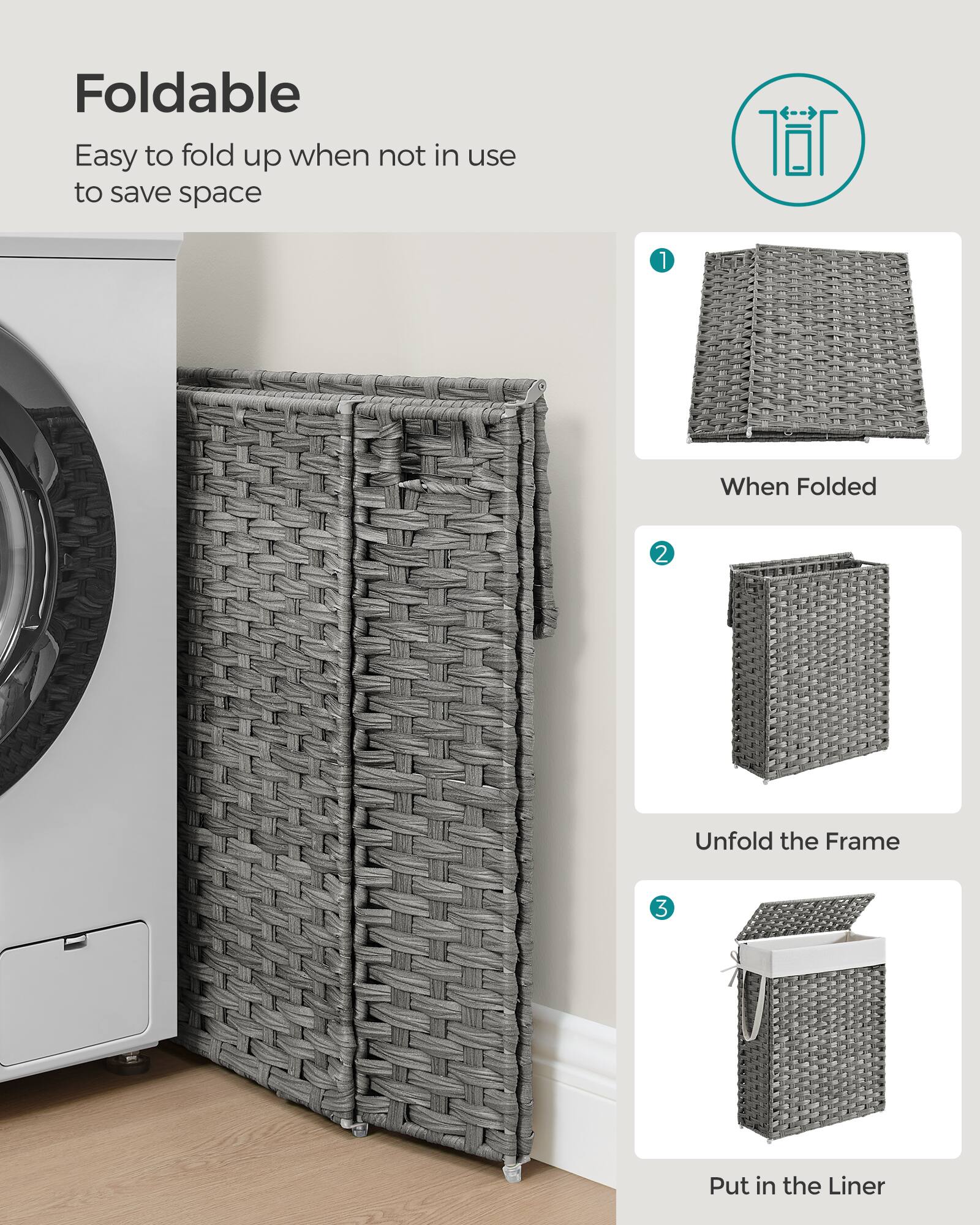 Foldable  
Easy to fold up when not in use to save space  

1. When Folded  
2. Unfold the Frame  
3. Put in the Liner
