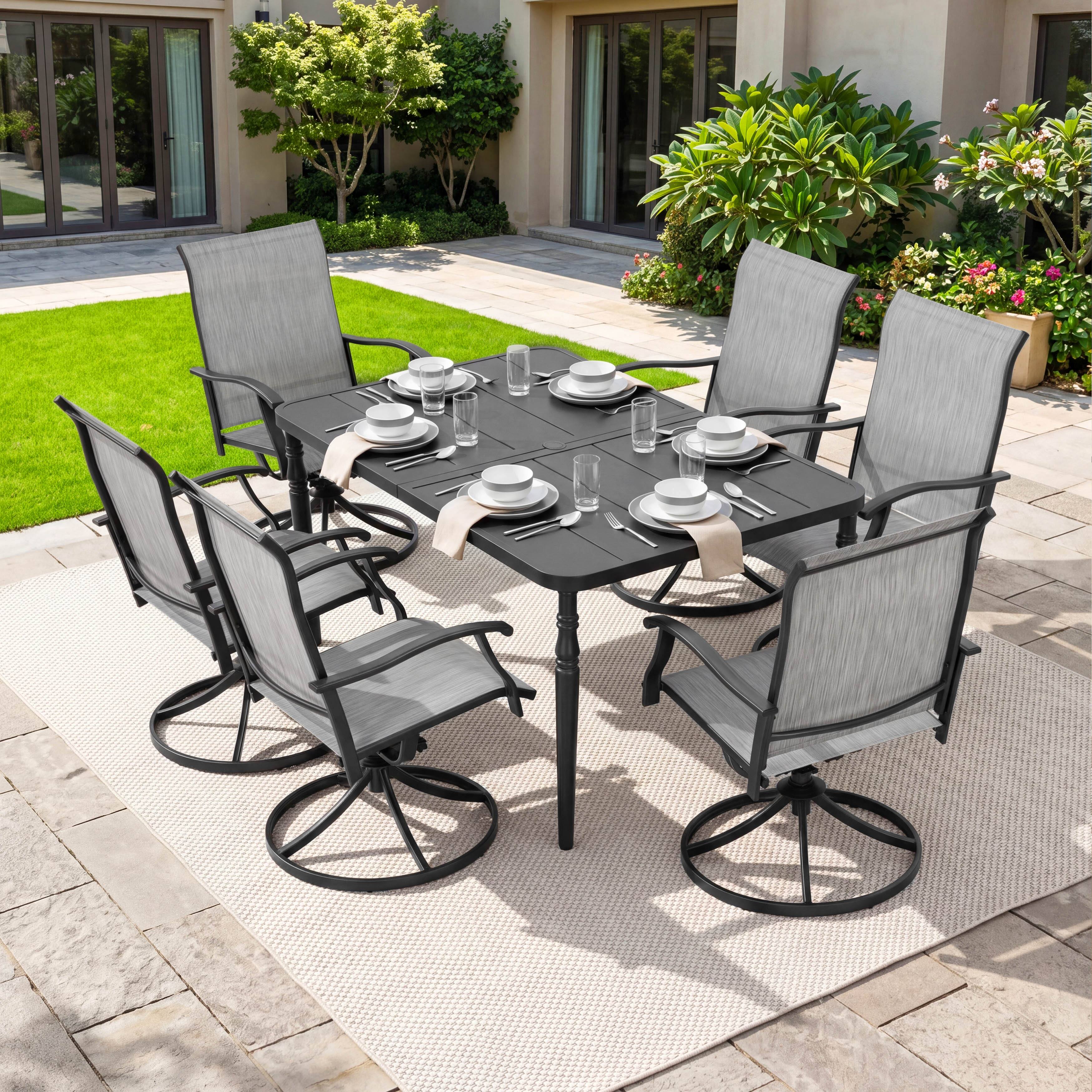 Angle. Nuu Garden - Patio 7-Piece Textilene Dining Set with Umbrella Hole, Swivel Design - Black and Gray.