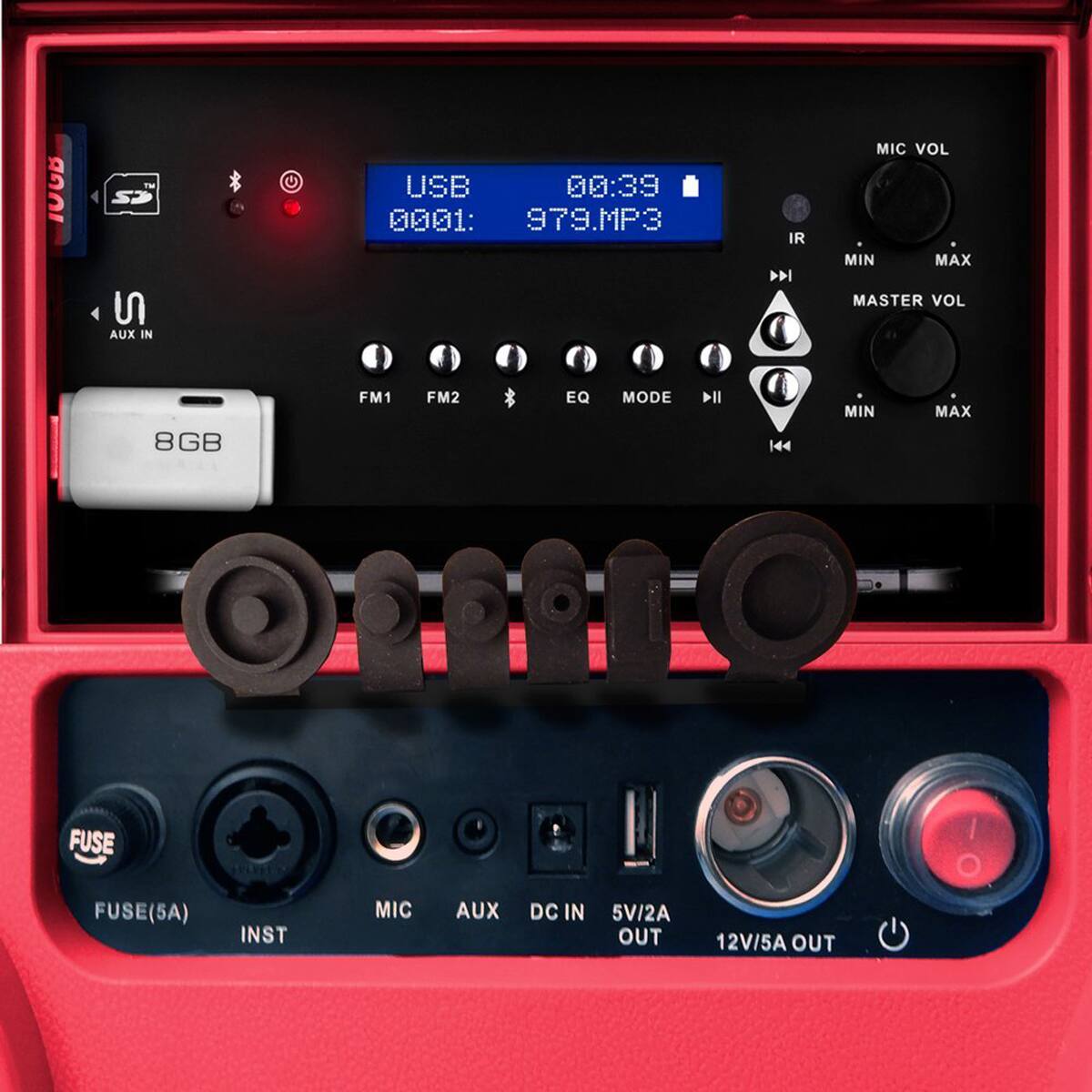 Sure, here is the corrected and grouped text from the image:

---

**Top Section:**
- USB
- 00:39
- 0001: 979.MP3

**Left Side:**
- AUX IN
- USB

**Right Side:**
- MIC VOL
- IR
- MIN
- MAX
- MASTER VOL
- MIN
- MAX

**Bottom Section:**
- FUSE(5A)
- INST
- MIC
- AUX
- DC IN
- 5V/2A OUT
- 12V/5A OUT

**Buttons and Labels:**
- FM1
- FM2
- EQ
- MODE
- II
- 00:39
- 79.MP3

**USB Port:**
- 8GB

---

This should cover all the visible text and labels from the image.