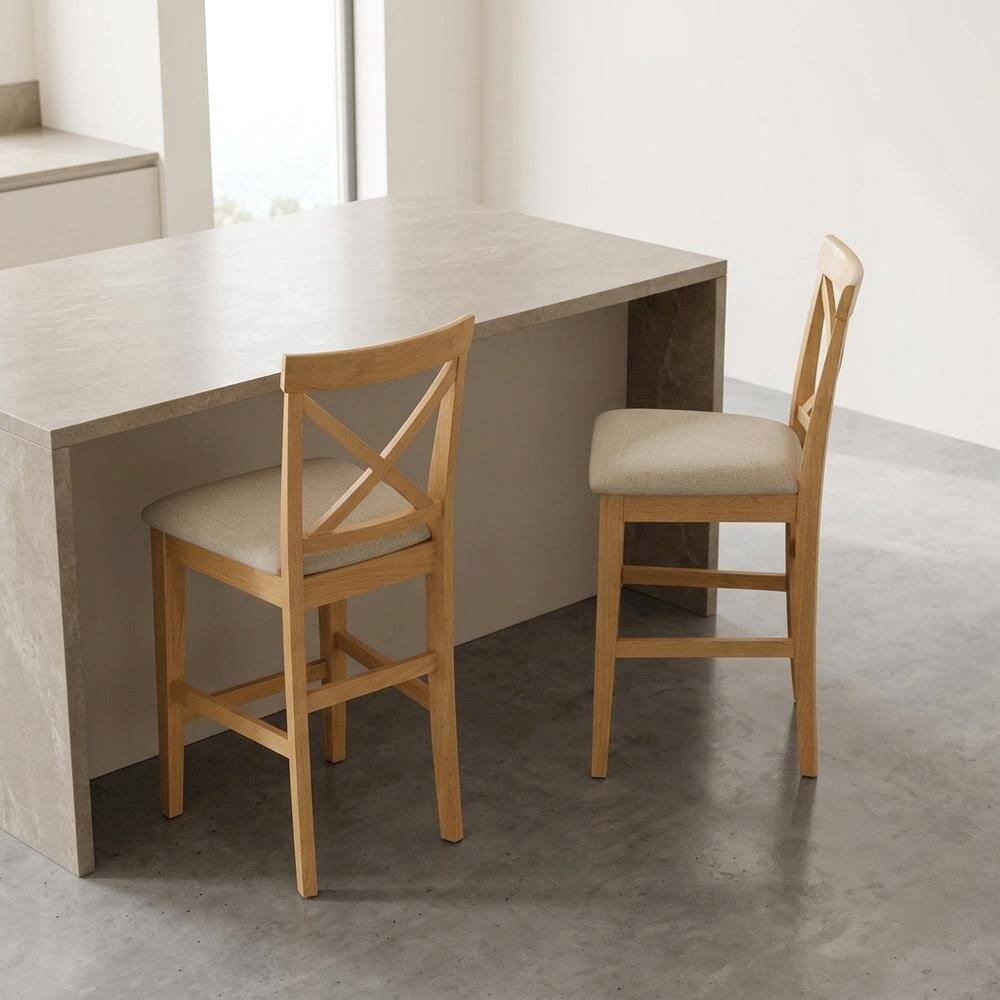 Alt View 2. FurniFact - Solid Wood X-Back Counter Stools Set of 2 with Microfiber Seat - Oak.