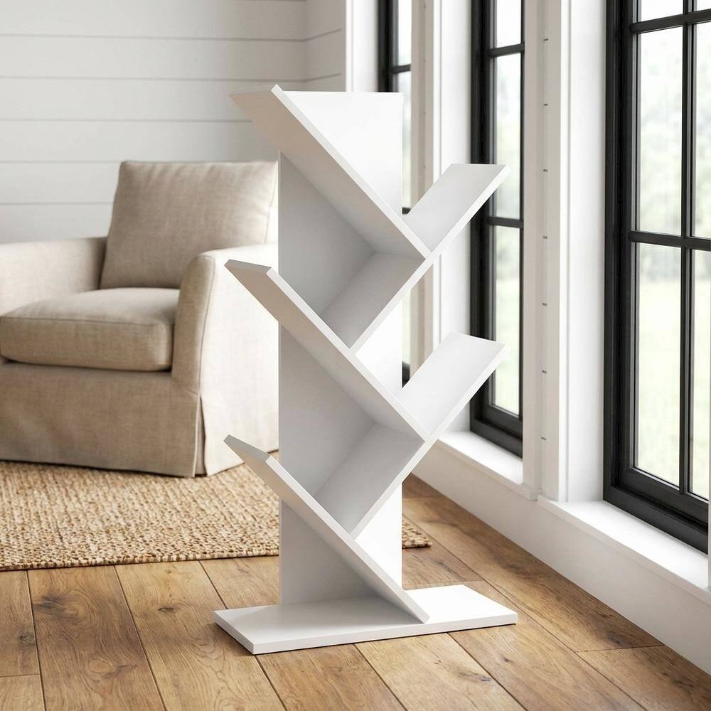 Angle. FurniFact - Engineered Wood White Bookcase with Compact Design for Home Storage - White.