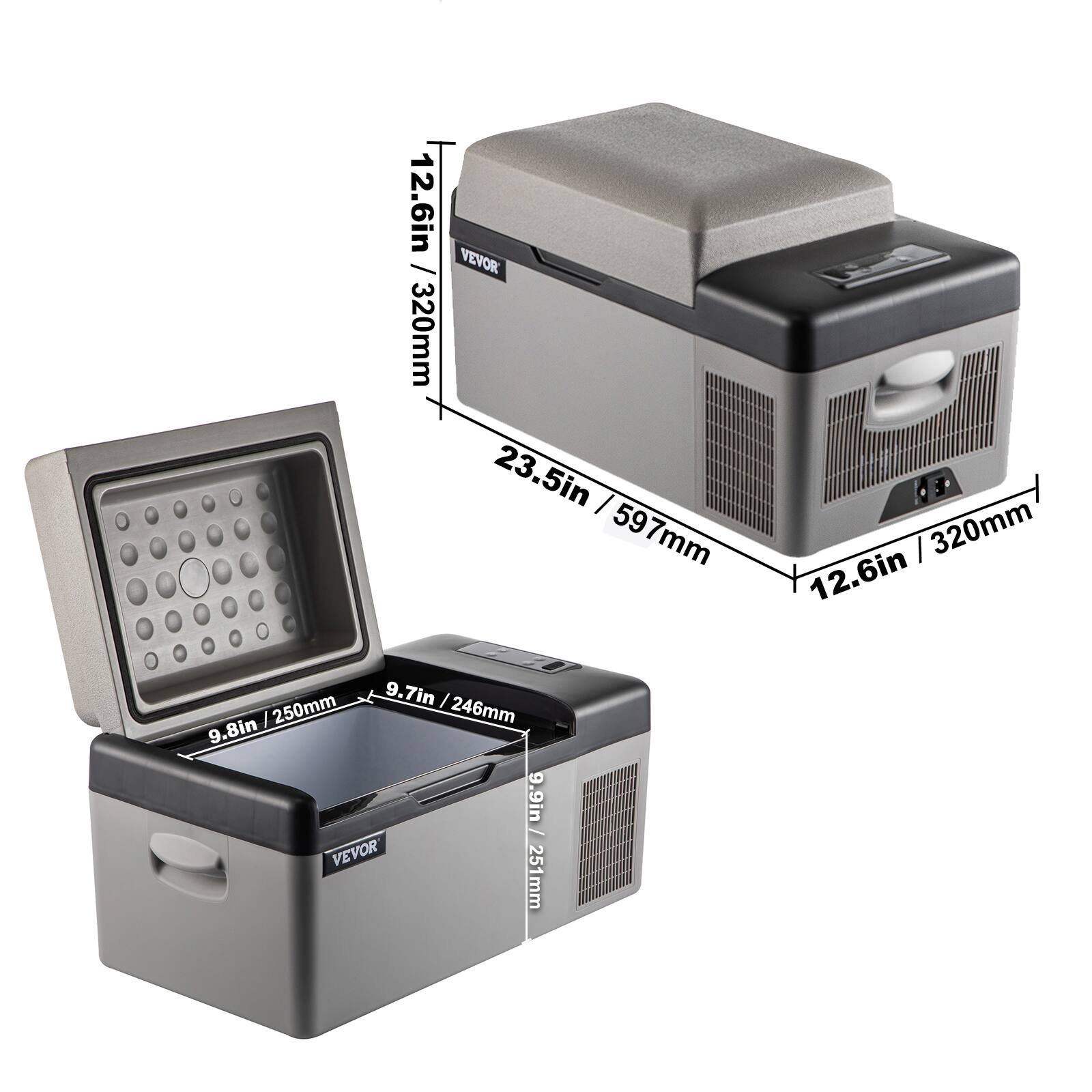 Here is the corrected and grouped text:

- 12.6in / 320mm
- 23.5in / 597mm
- 9.7in / 250mm
- 9.8in / 251mm
- 9.9in / 251mm
- 9.8in / 250mm
- 9.7in / 246mm
- 9.8in / 250mm
- 9.9in / 251mm

The image shows a VEVOR device with dimensions:
- 12.6in / 320mm
- 23.5in / 597mm
- 9.8in / 250mm
- 9.7in / 246mm
- 9.9in / 251mm