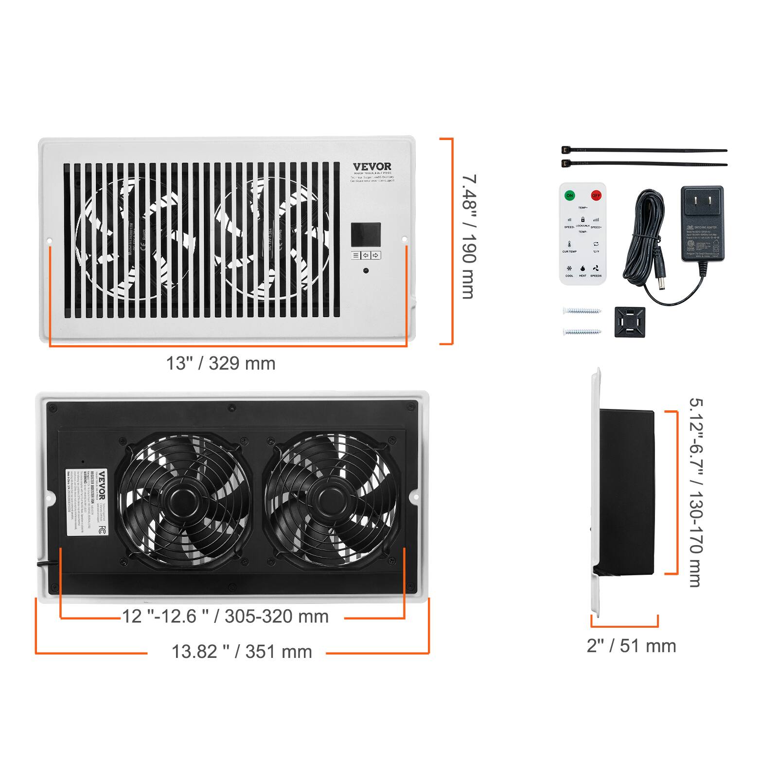 VEVOR I - de 7.48" / 190 mm  
VEVOR N 12  
13" / 329 mm  
12.6" / 305-320 mm  
13.82" / 351 mm  
2" / 51 mm  
5.12"-6.7" / 130-170 mm