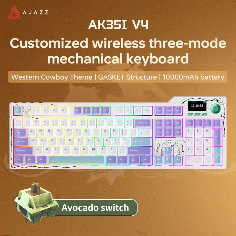 AJAZZ AK35I V4 Customized wireless three-mode mechanical keyboard Western Cowboy Theme GASKET Structure 10000mAh battery

11:20:35

F2
N
F4
F5
N
17
FI
IS
F11
PM
F12
Print
Serall
Paust
"
,

- A
| -
2
 3
: 4
% 5
 6
& 7
 8
I 
I C
=
Backspace
Insert
Home
PROP
fuil
/
I
M- Tab f
Q
W
E
R
T
Y
U
|
O
P
| |
D
Delete
Ext
PyON
7
8
9
CageLock
A
$
D
F
G
H
J
K
L
Enter
NC#
4
5
6
Shift Ctrl
Min
Z At
X

N
M

V Alt
? / Fe
Shift

1 0
2
3
Enter
Avocado switch