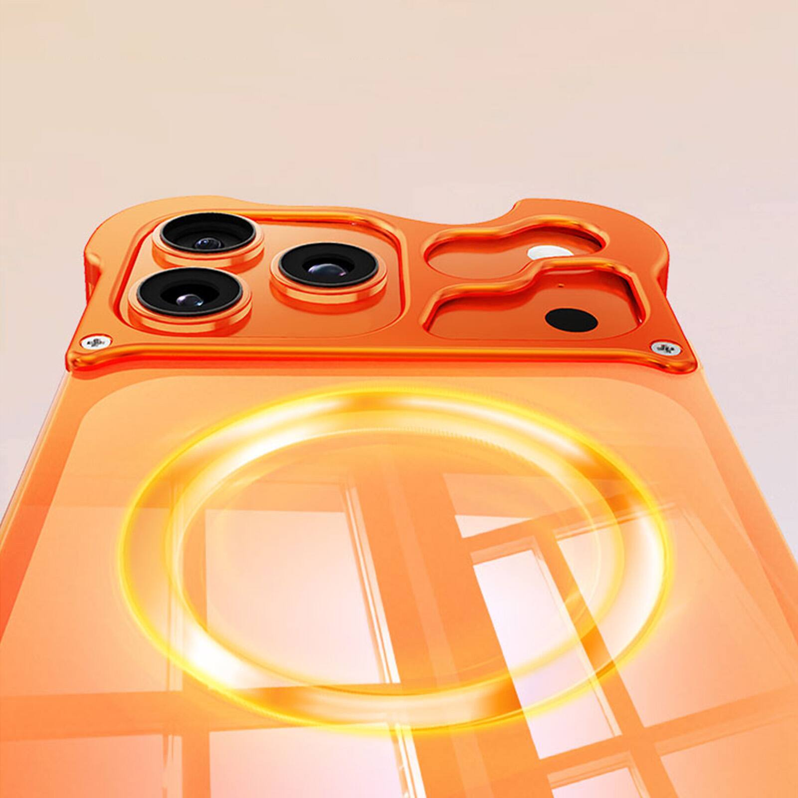 Back. Dteck - Magnetic Clear Hard PC Case for Apple iPhone 17 Pro, Aluminum Metal Bumper Shockproof Slim Reinforced Corner Phone Cover - Orange.
