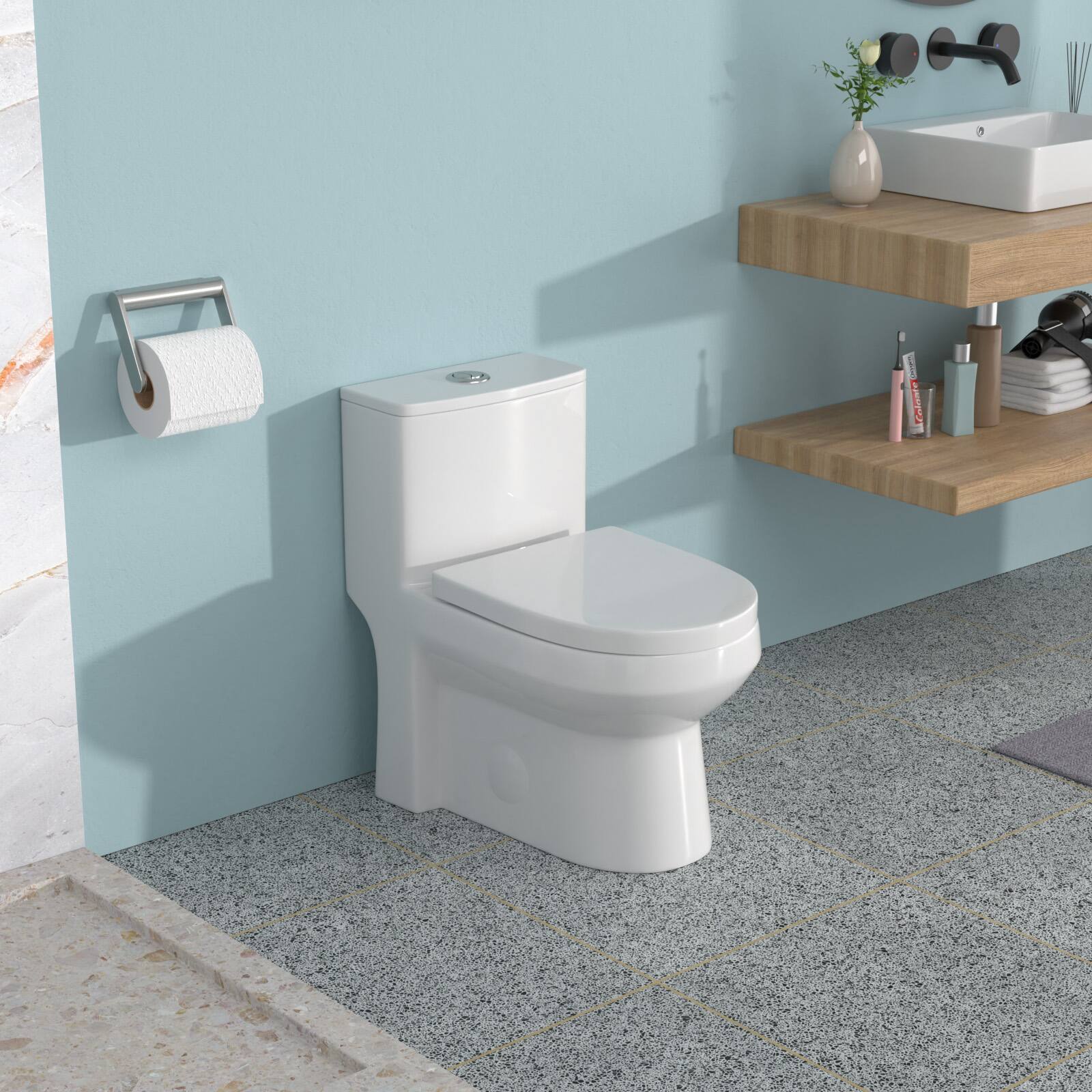 Angle. TinyHomie - Ceramic One Piece Toilet for Bathroom 12 inch Rough In 1116 GPF Dual Flush with Soft Closing Seat Powerful Dual Flush - White.