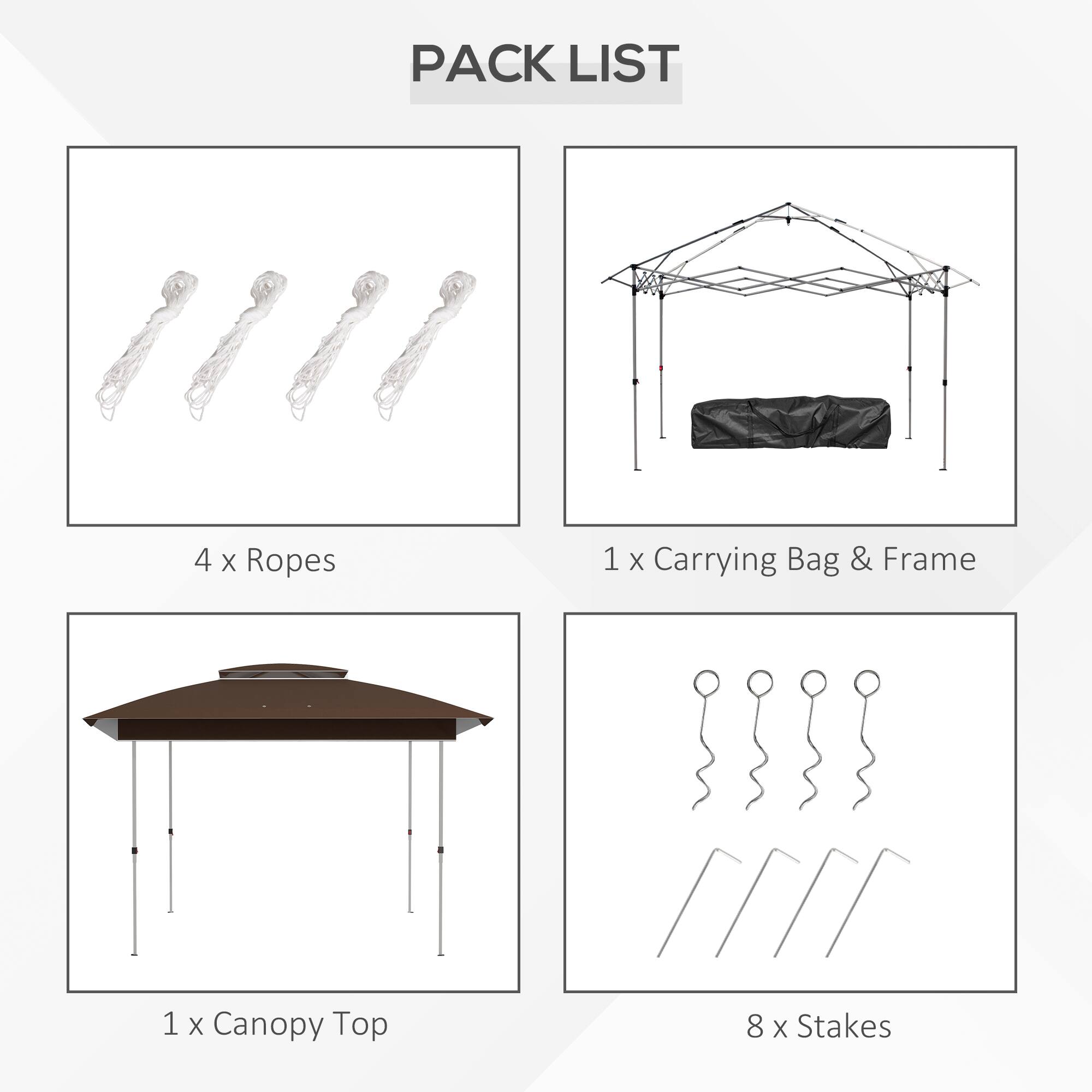 PACK LIST
4 x Ropes
1 x Carrying Bag & Frame
1 x Canopy Top
8 x Stakes