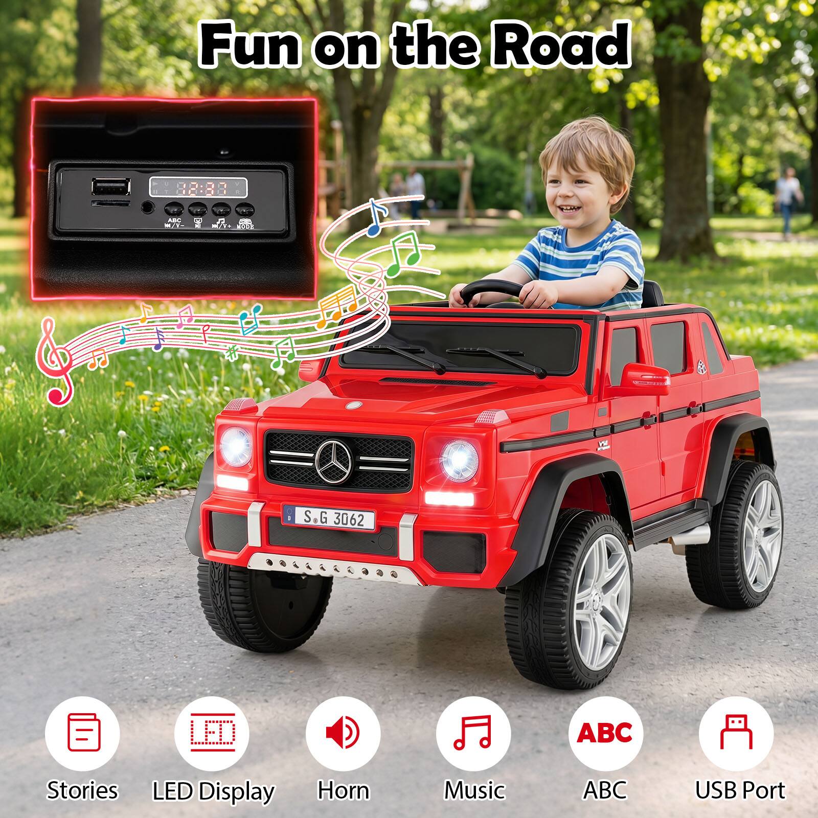 Fun on the Road  
12:89  
OON AN 2E - S.G 3062  
ABC Stories  
LED Display  
Horn  
Music  
ABC USB Port