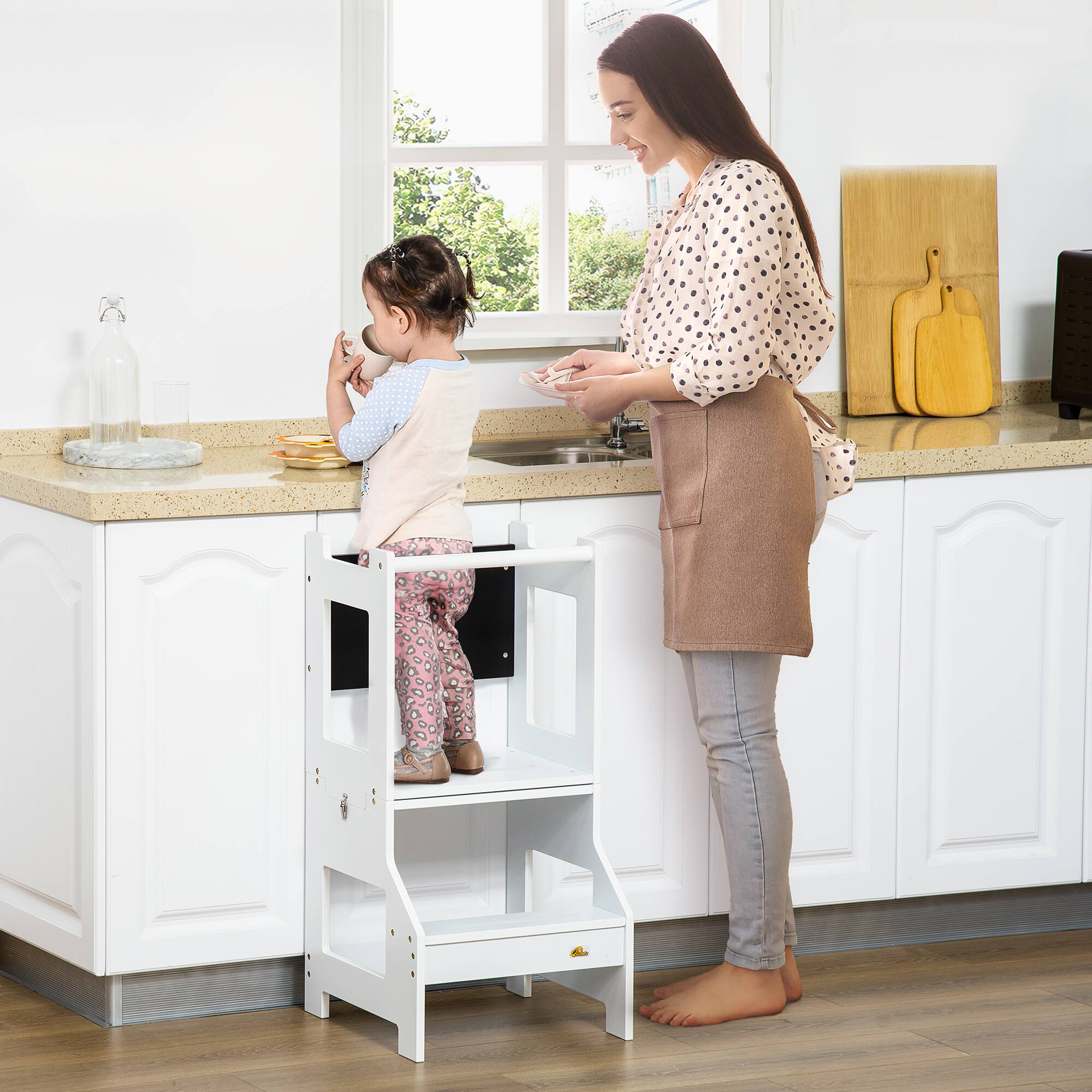 Angle. Qaba - Kids Kitchen Step Stool, 2 in 1 Kitchen Table Set Toddler Standing Tower with Chalkboard, Safety Rail for Kitchen - White.