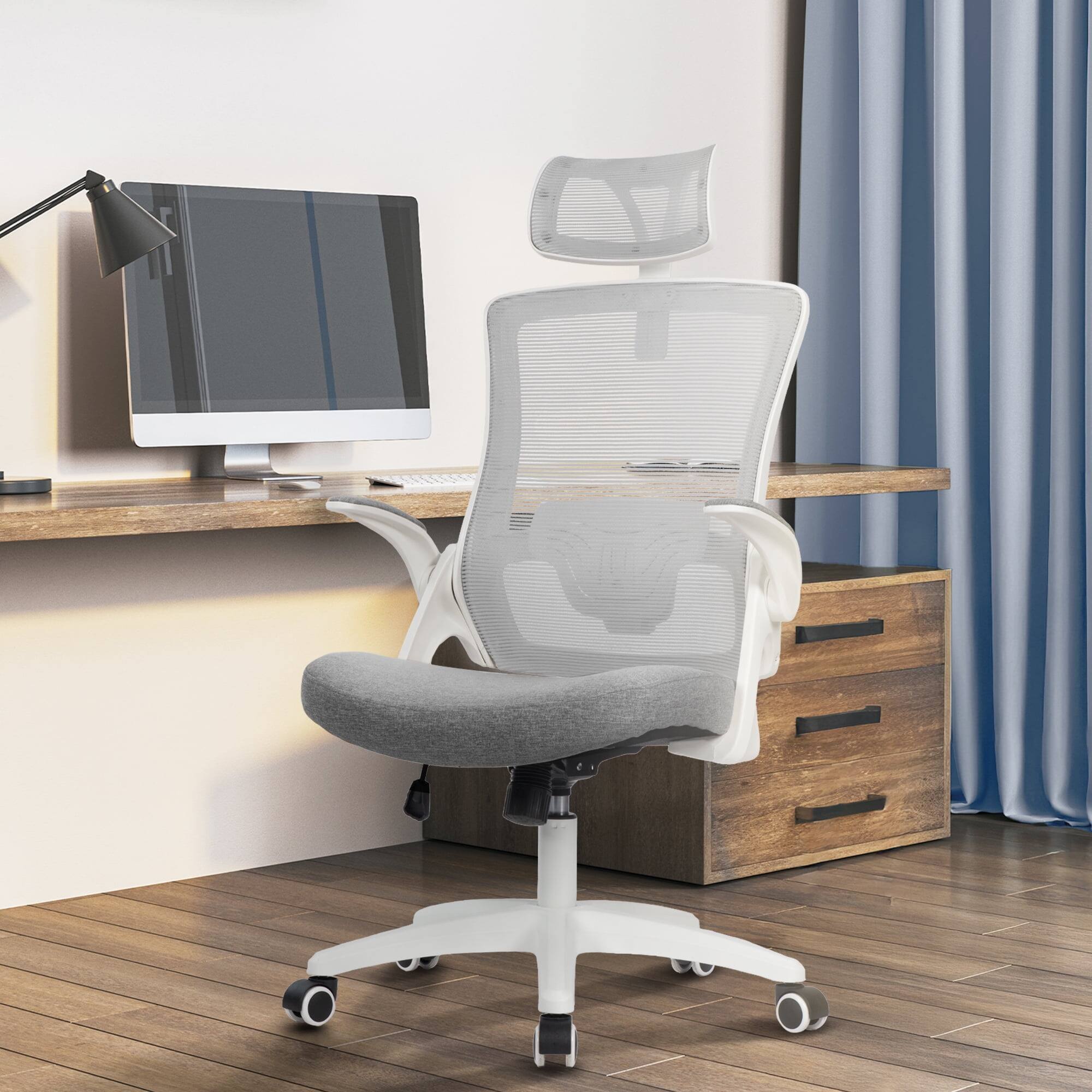 Left. Neo Chair - Office Desk Chair Computer High Back Support Mesh Comfy Adjustable Ergonomic Headrest Lumbar Rolling Flip-up Armrests - Plastic Base-Gray.