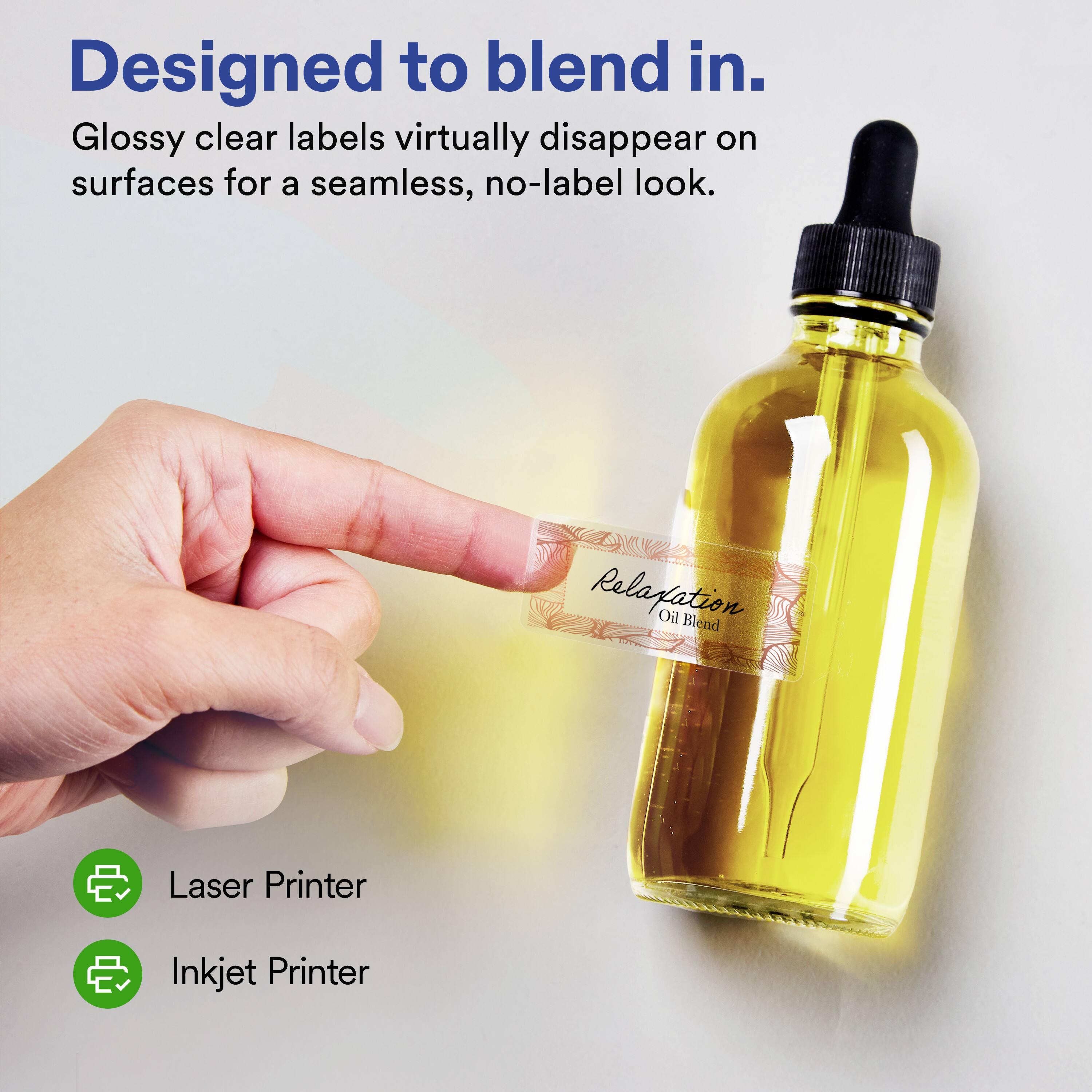 Designed to blend in.  
Glossy clear labels virtually disappear on surfaces for a seamless, no-label look.  

Relaxation Oil Blend  

Laser Printer  
Inkjet Printer