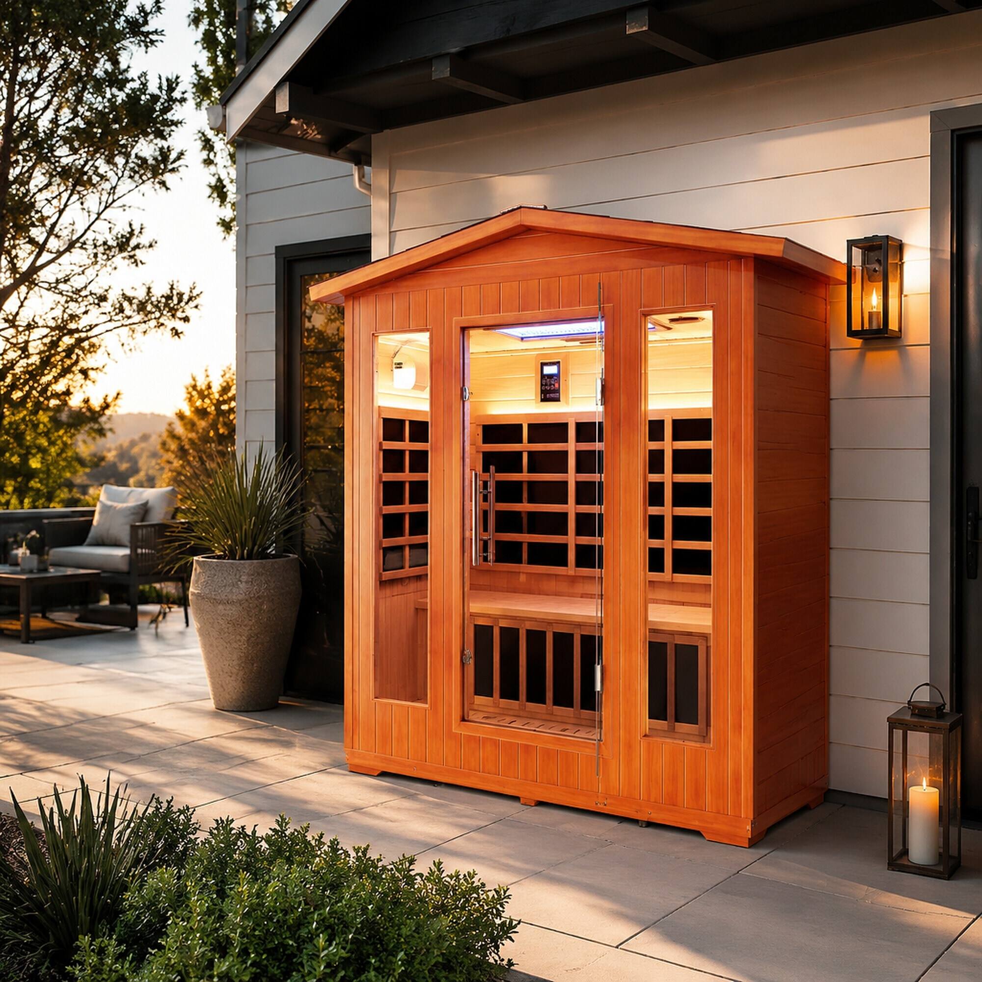 Angle. RYHNUYNE - 4 Person Outdoor Sauna Room, 158 x 119 x 208 cm, Fir and Red Cedar, 2600W 11 Heating Plates, 65 Celsius - Ameican White Oak.