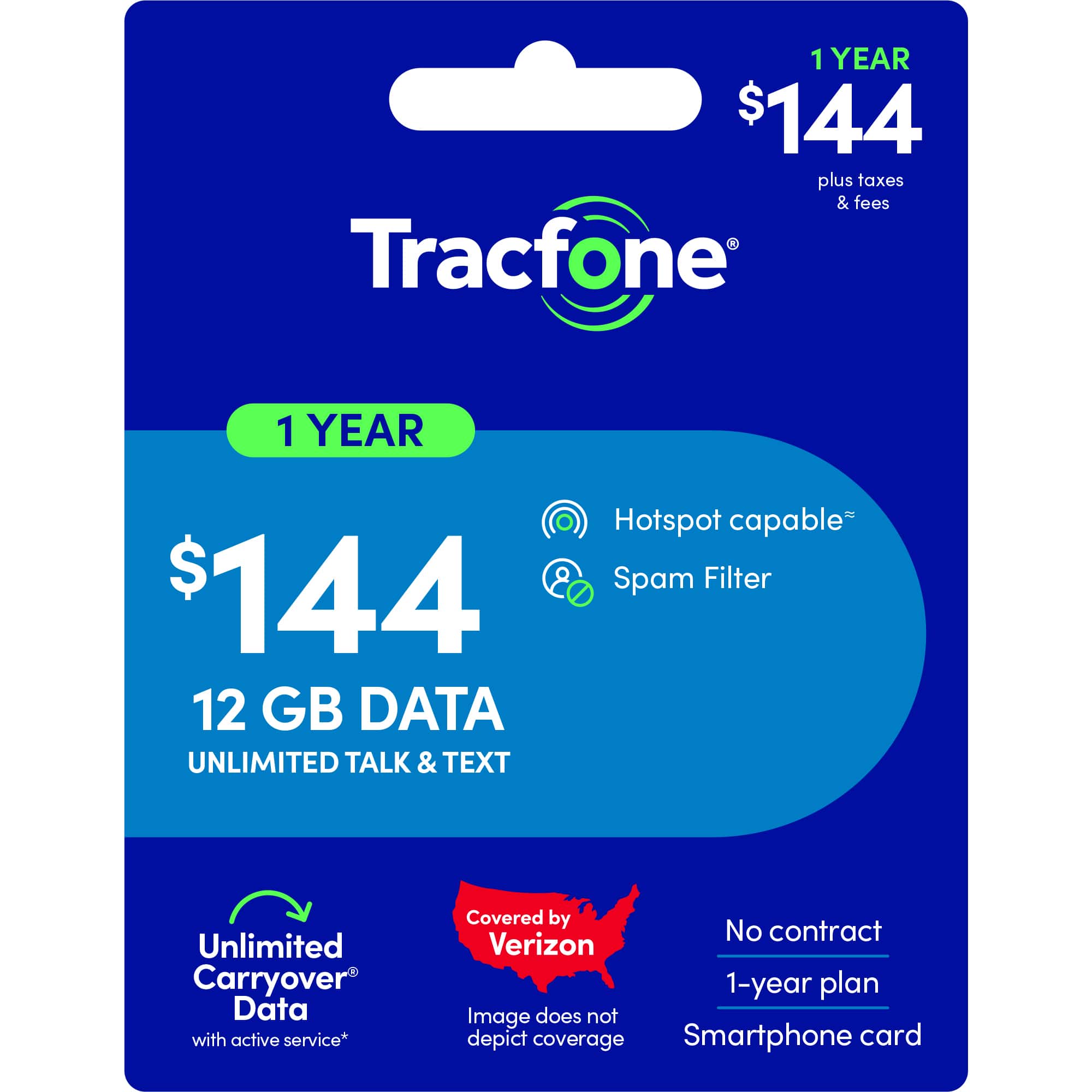 Tracfone - $144 Unlimited Talk & Text 12GB of Data 365-Day - Prepaid Plan [Digital]