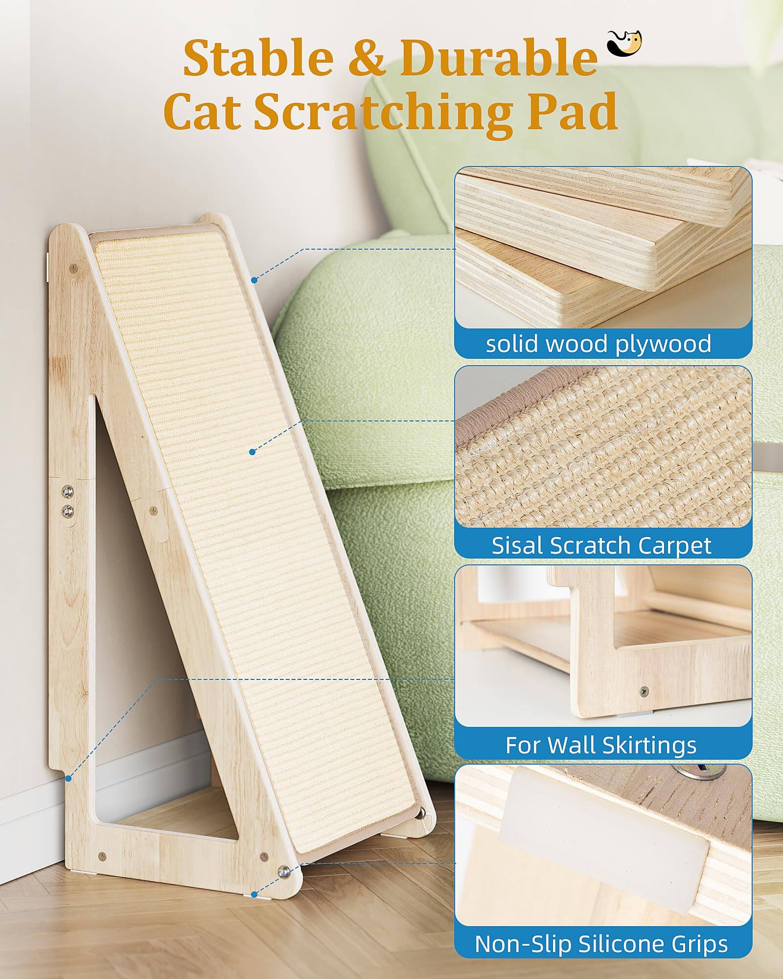 Stable & Durable Cat Scratching Pad

- solid wood plywood
- Sisal Scratch Carpet
- For Wall Skirtings
- Non-Slip Silicone Grips