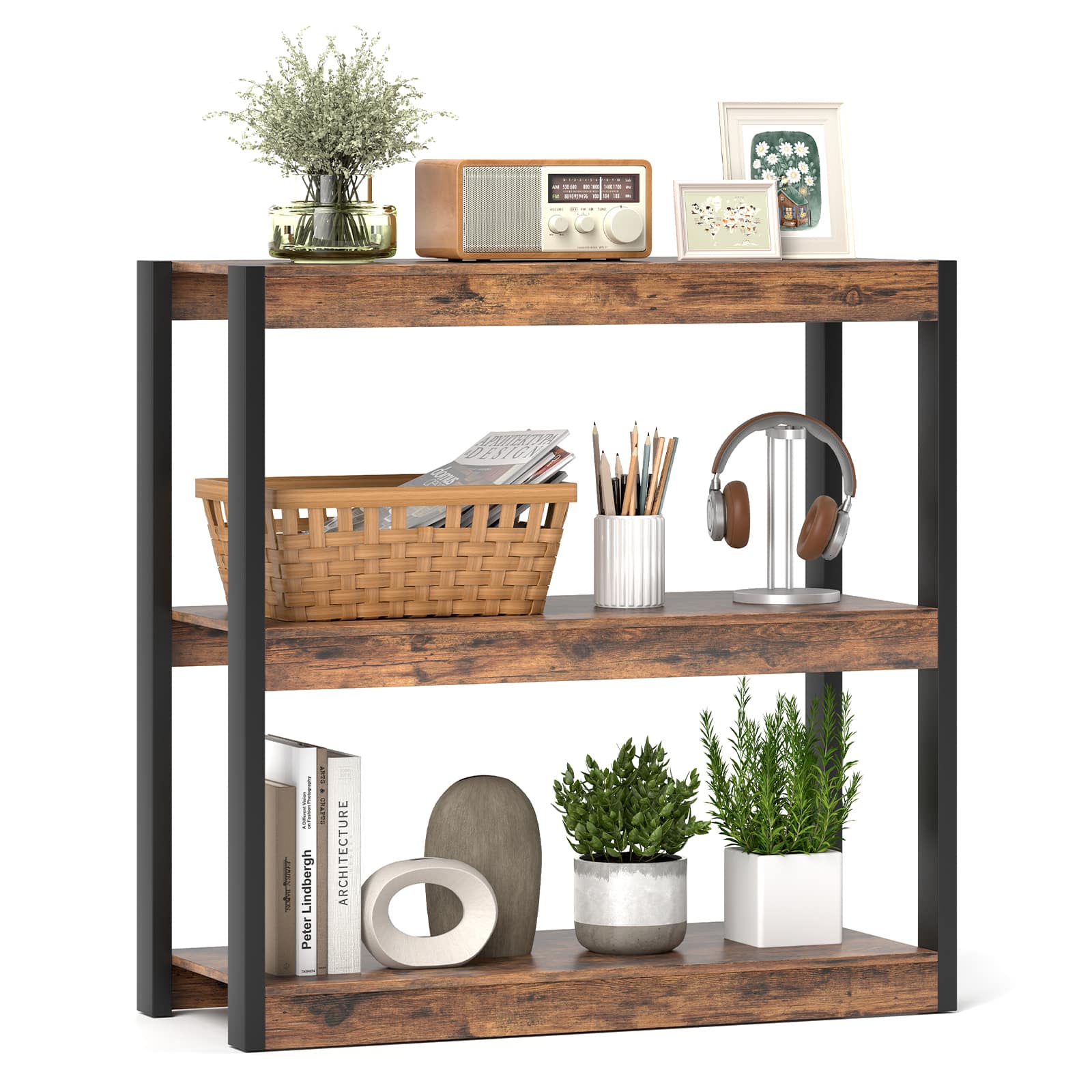Gymax - 3 Tier Bookshelf Wooden Bookcase w/ Dual Anti-Tipping Kits Open Shelving Unit Rustic Brown & Black - Rustic Brown, Black