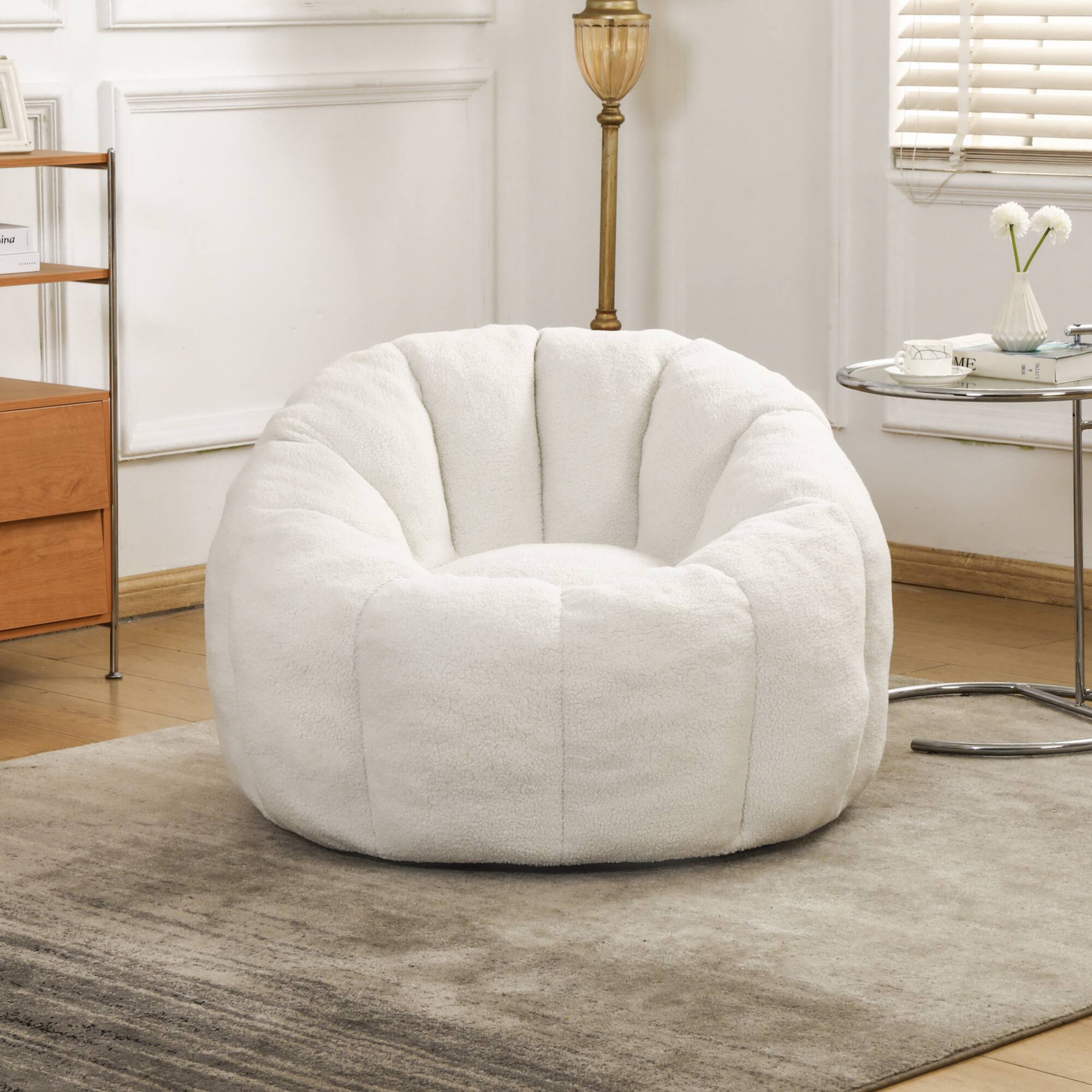 Back. GOODSILO - Plush Faux Fur Bean Bag Chair with Armrests and Ergonomic Backrest for Ultimate Relaxation in Living Spaces - White.