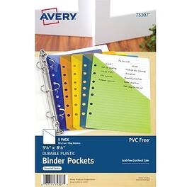 Avery - Mini Polypropylene/PP Binder Pocket, 7-Hole Punched Colors, 5/Pack - Assorted