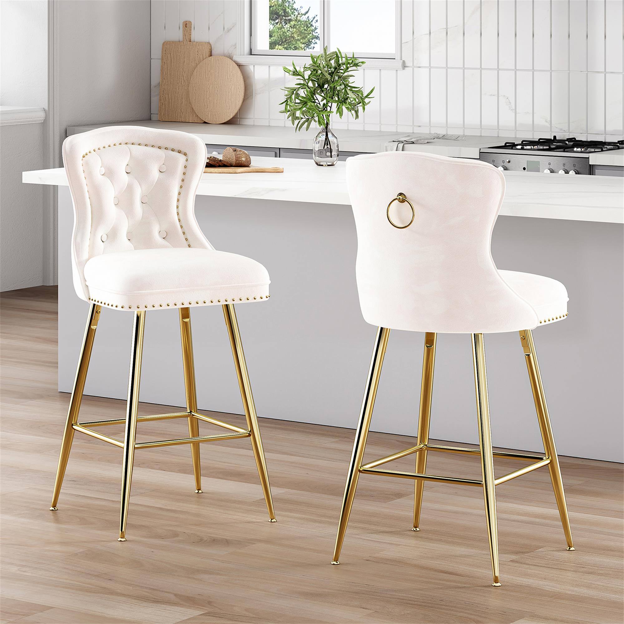 Alt View 1. Boyel Living - Beige Bar Stools Set of 2 Velvet Counter Height Bar Stools with Metal Legs Button Tufted and Nailheads Trim - Beige.