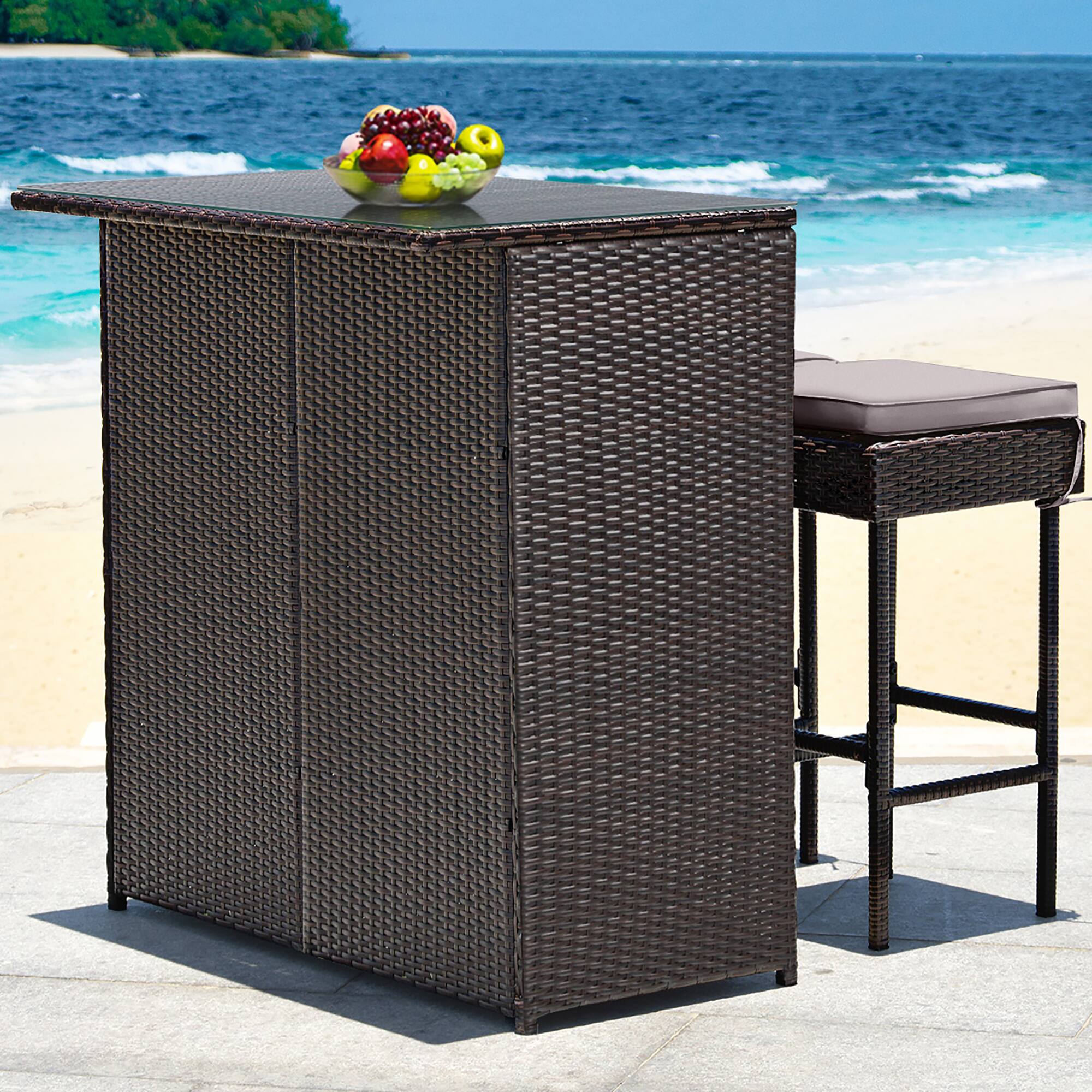 Alt View 8. Costway - Patio 3PCS Rattan Bar Table Stool Set Cushioned Chairs with Cover - brown/gray/off white.