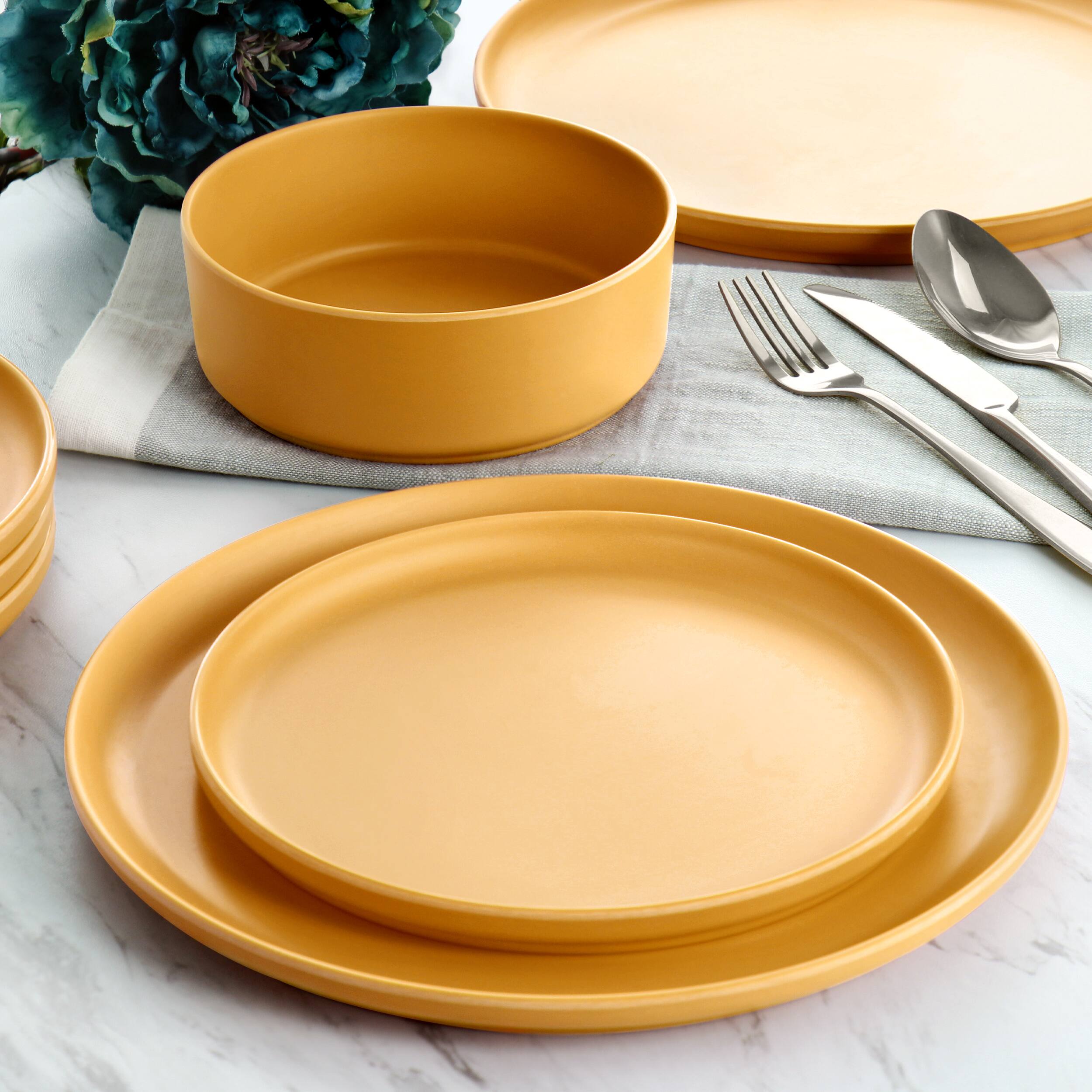Alt View 7. Gibson - Gibson Home Canyon Crest 12 Piece Round Melamine Dinnerware Set in Yellow - Yellow.