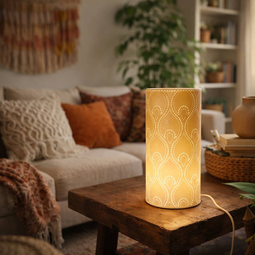 FC Design - 11"H Golden Cylinder w/ Flowing Vine Cutout Glow Design Table Lamp