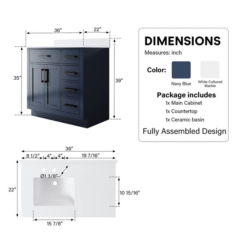 WELLFOR 36 in Solid Wood Bathroom Vanity with Sink,2 Soft Close Doors,5 ...